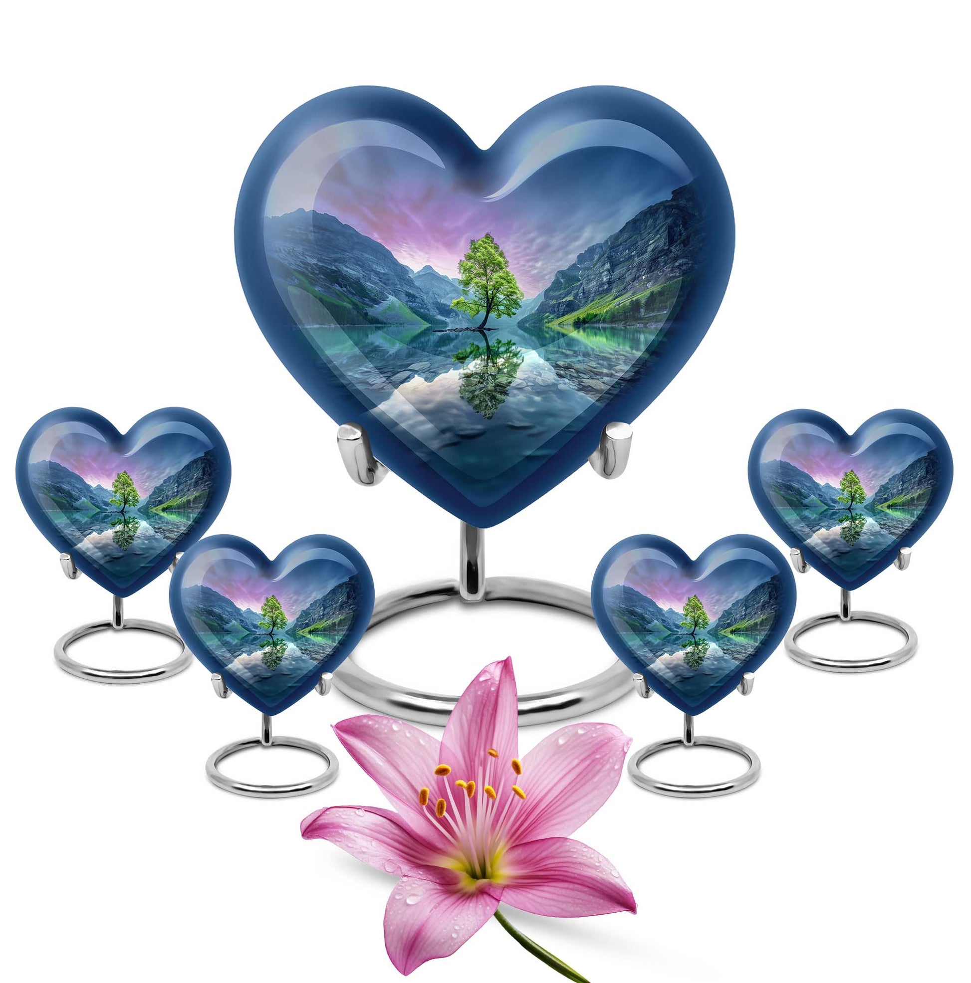 Heart-shaped Aurora Borealis Urn for cremation ashes, butterfly-themed with personal engraving