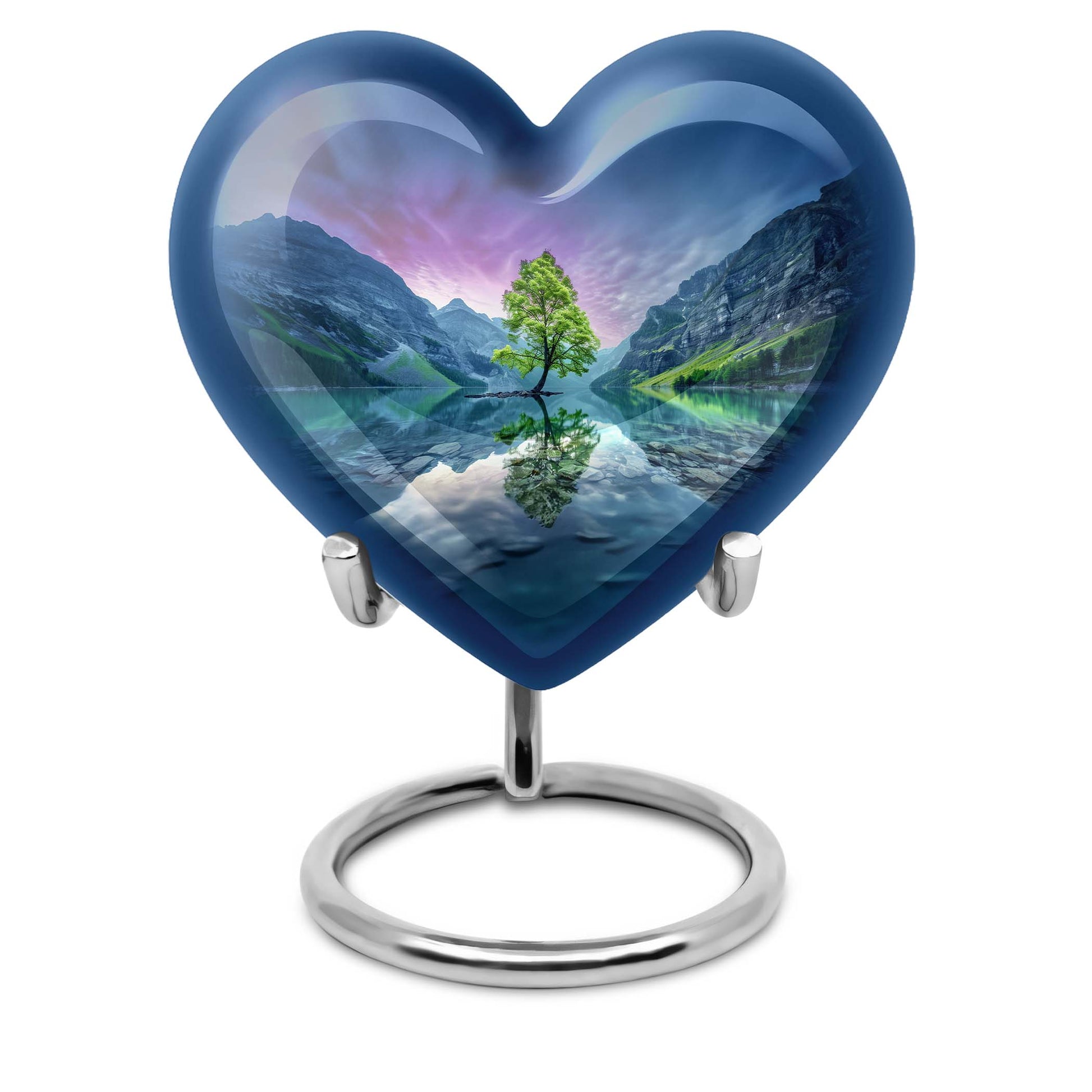 Heart-shaped Aurora Borealis Urn for cremation ashes, butterfly-themed with personal engraving