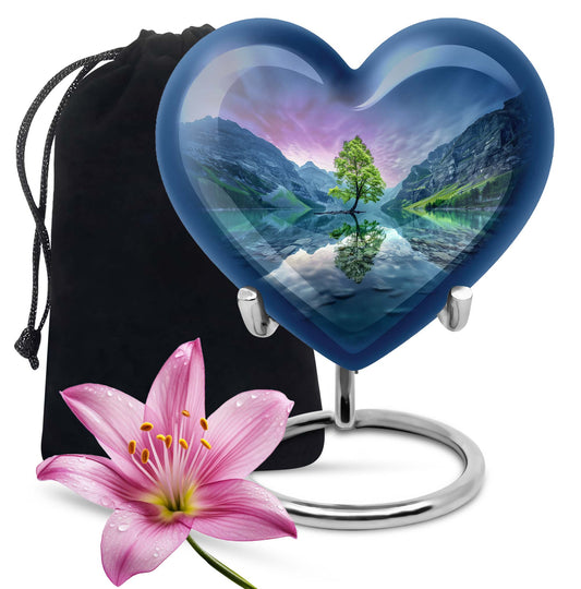 Heart-shaped Aurora Borealis Urn for cremation ashes, butterfly-themed with personal engraving