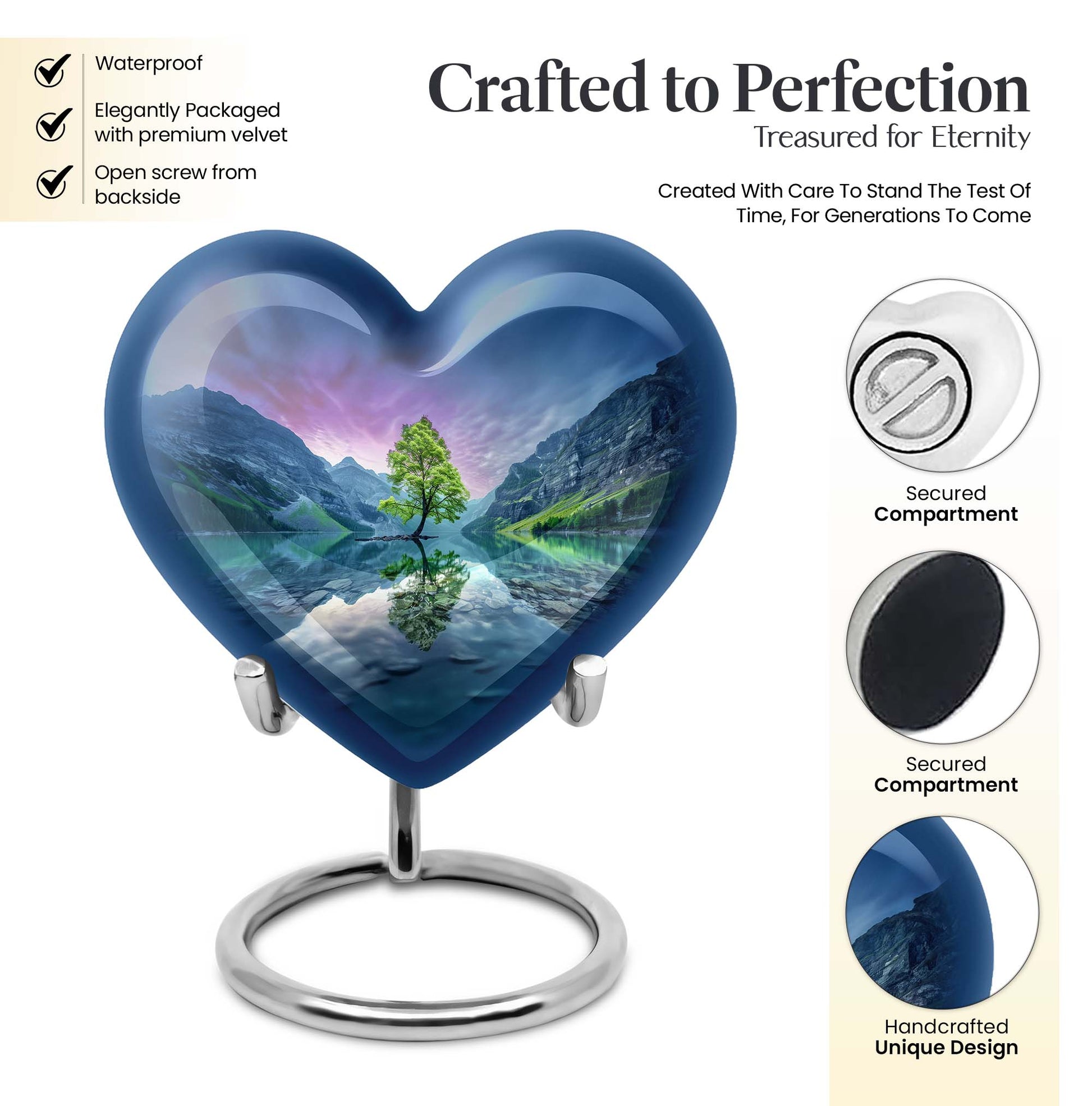 Heart-shaped Aurora Borealis Urn for cremation ashes, butterfly-themed with personal engraving