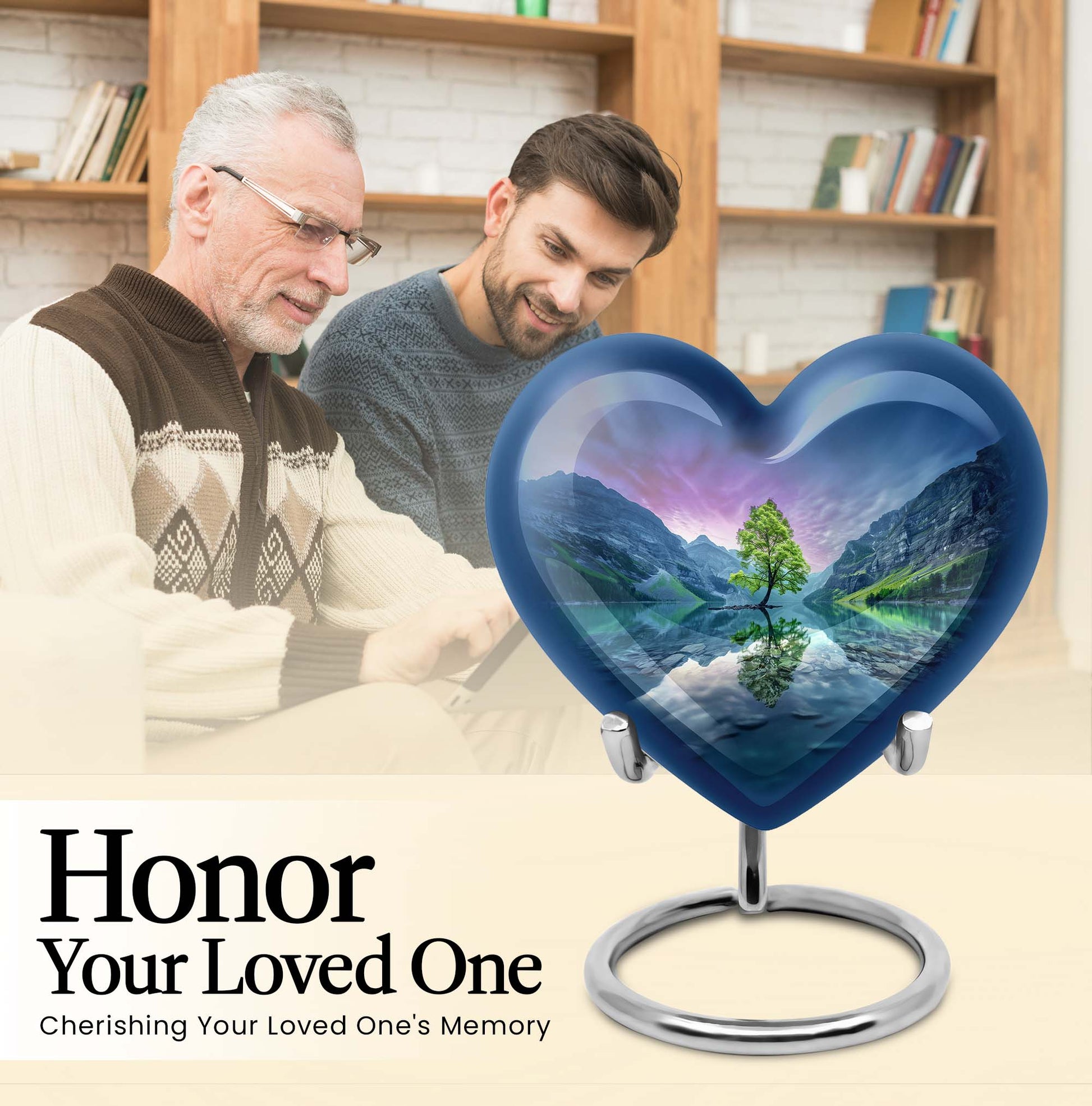 Heart-shaped Aurora Borealis Urn for cremation ashes, butterfly-themed with personal engraving