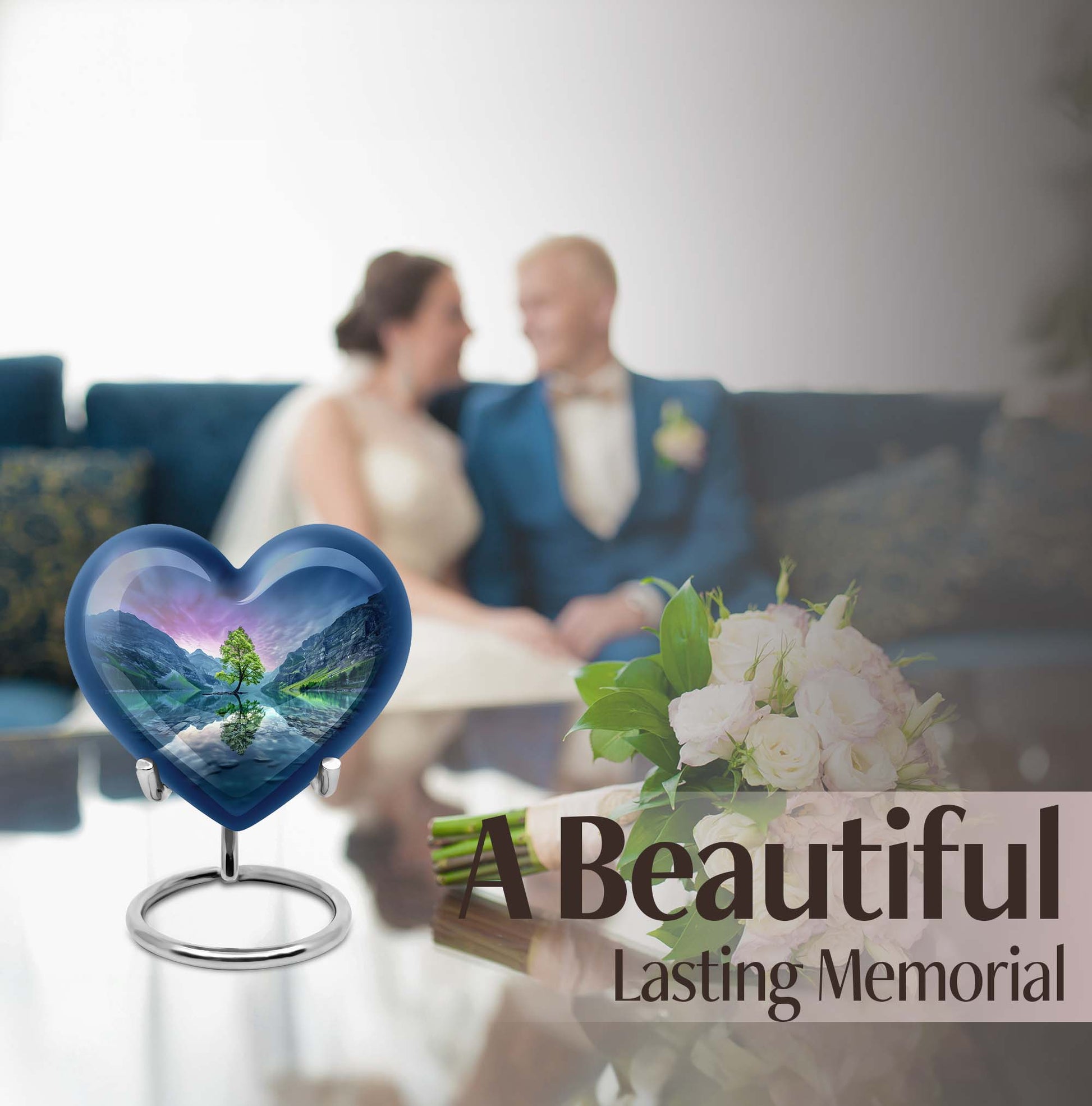 Heart-shaped Aurora Borealis Urn for cremation ashes, butterfly-themed with personal engraving