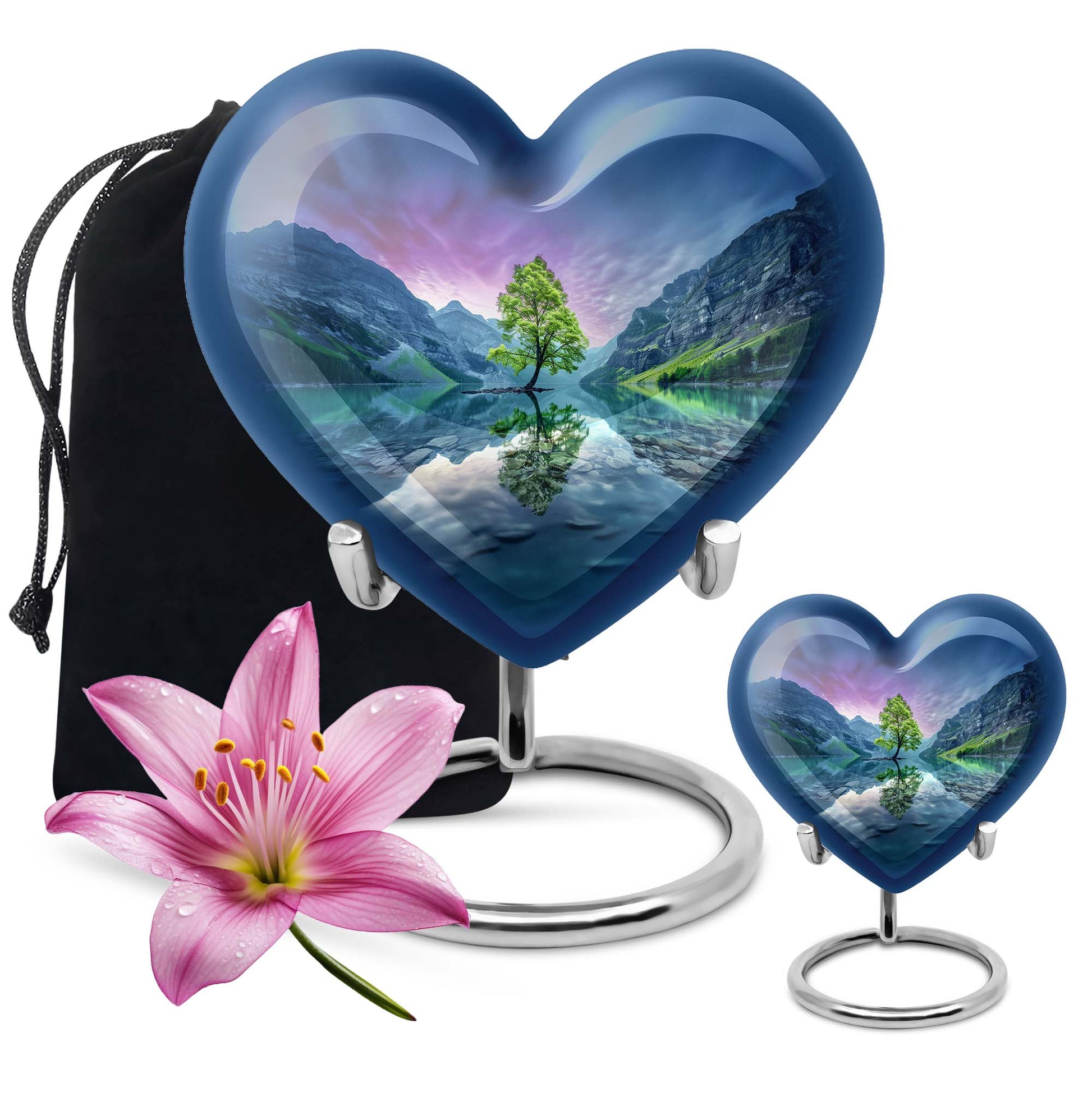 Heart-shaped Aurora Borealis Urn for cremation ashes, butterfly-themed with personal engraving