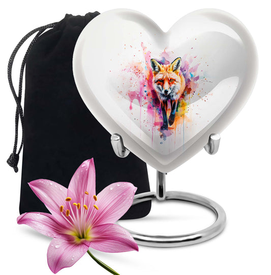 10-inch heart-shaped fox urn with butterfly theme for cremation ashes, personalizable