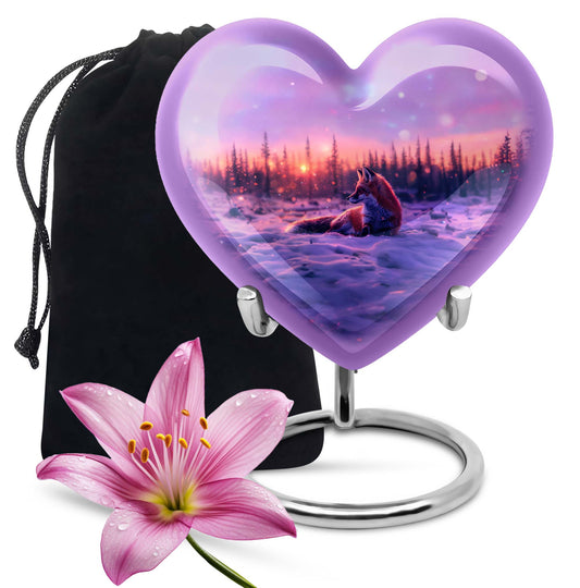 10-inch heart-shaped fox urn with butterfly theme, includes personalization and velvet pouch.