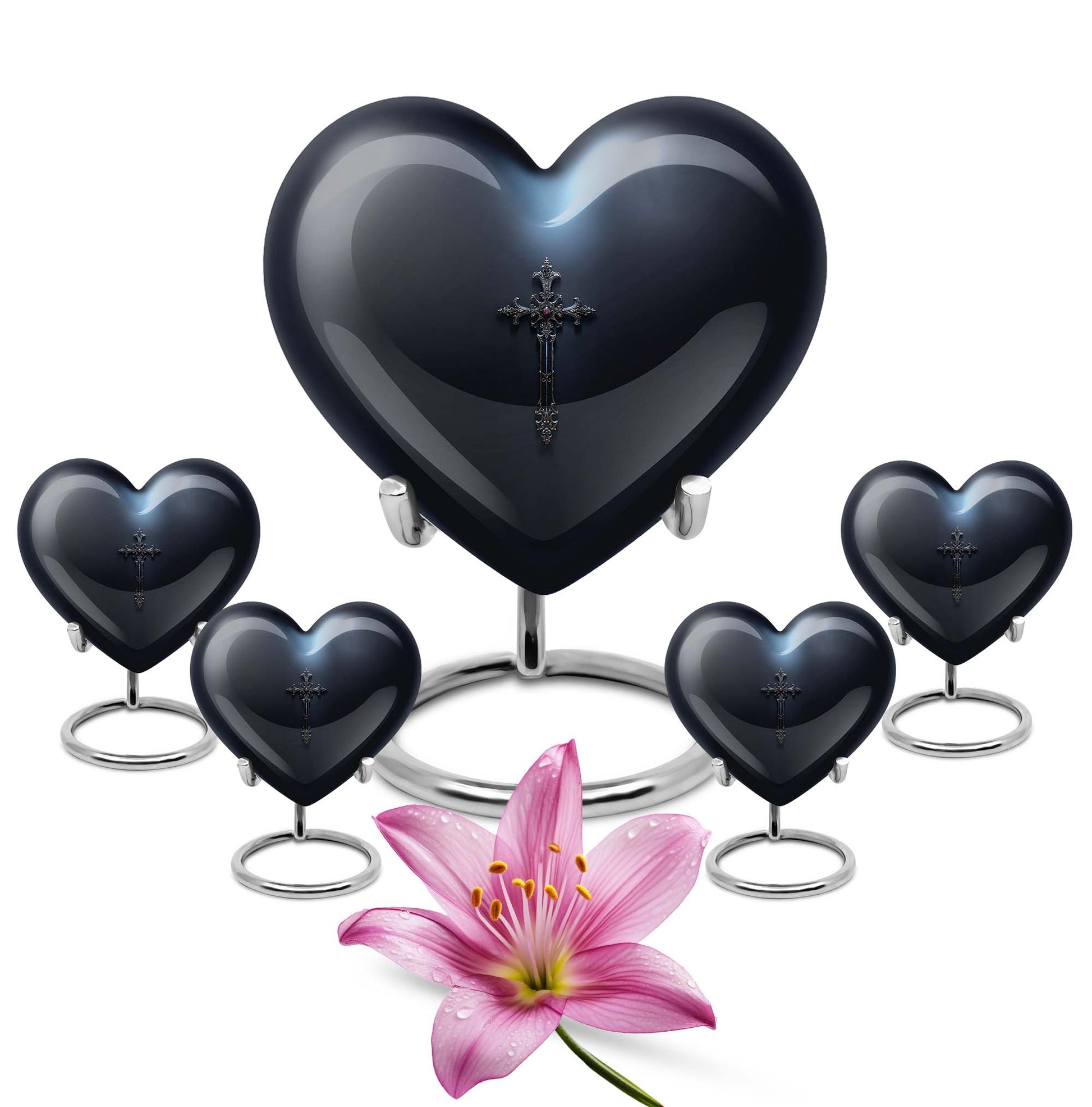 10-inch Aurora Borealis themed heart-shaped cross urn made of aluminium for ashes, comes with velvet pouch.