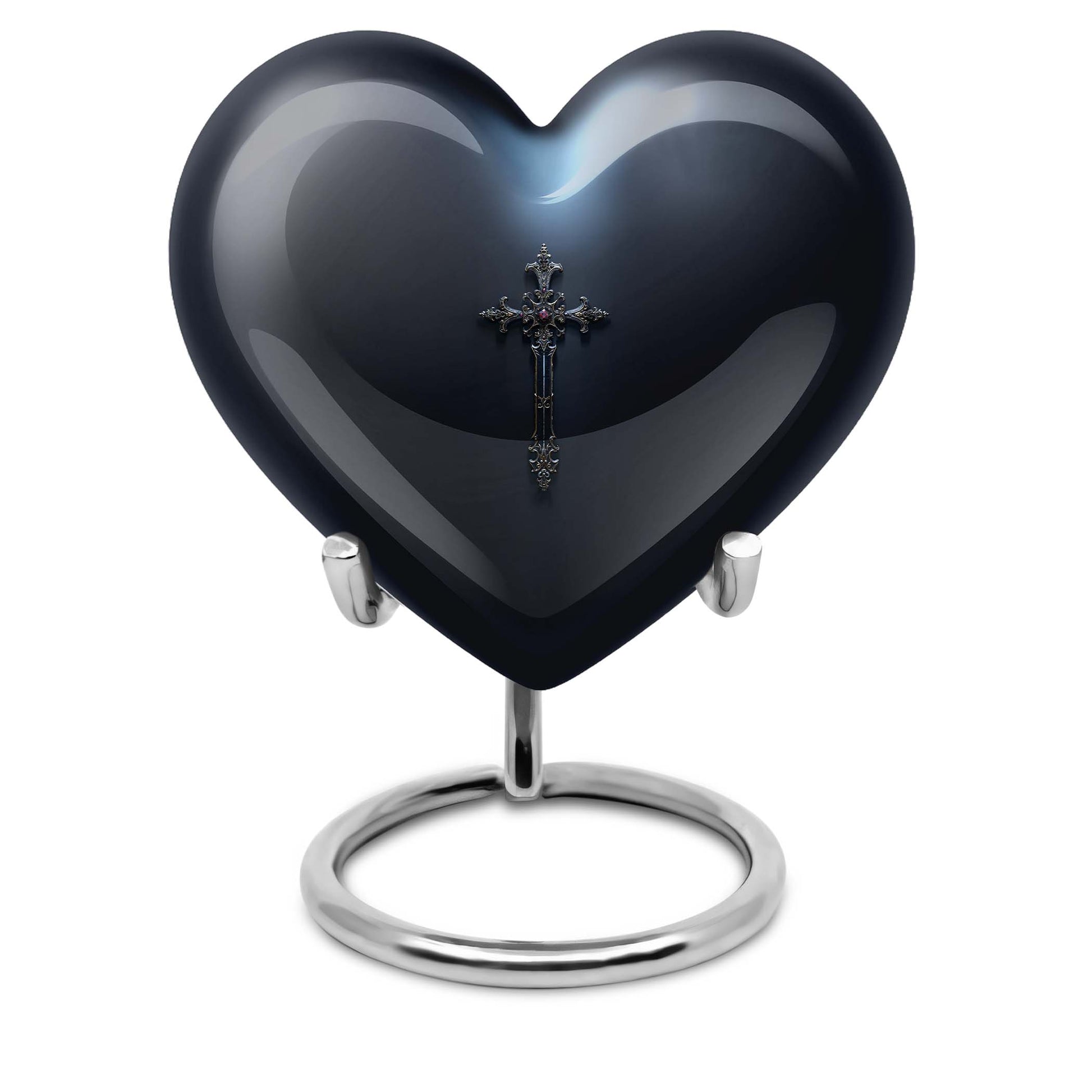 10-inch Aurora Borealis themed heart-shaped cross urn made of aluminium for ashes, comes with velvet pouch.