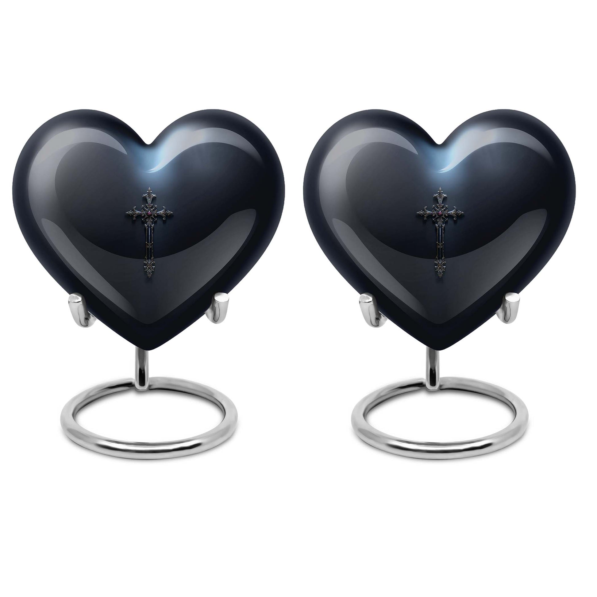 10-inch Aurora Borealis themed heart-shaped cross urn made of aluminium for ashes, comes with velvet pouch.