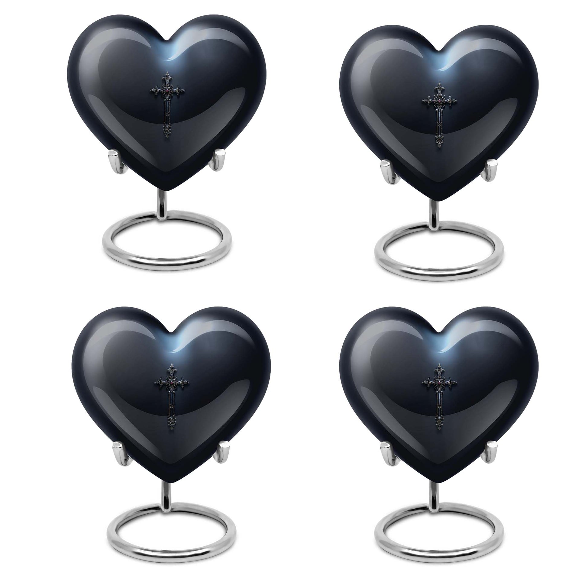 10-inch Aurora Borealis themed heart-shaped cross urn made of aluminium for ashes, comes with velvet pouch.