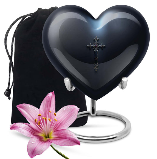 10-inch Aurora Borealis themed heart-shaped cross urn made of aluminium for ashes, comes with velvet pouch.