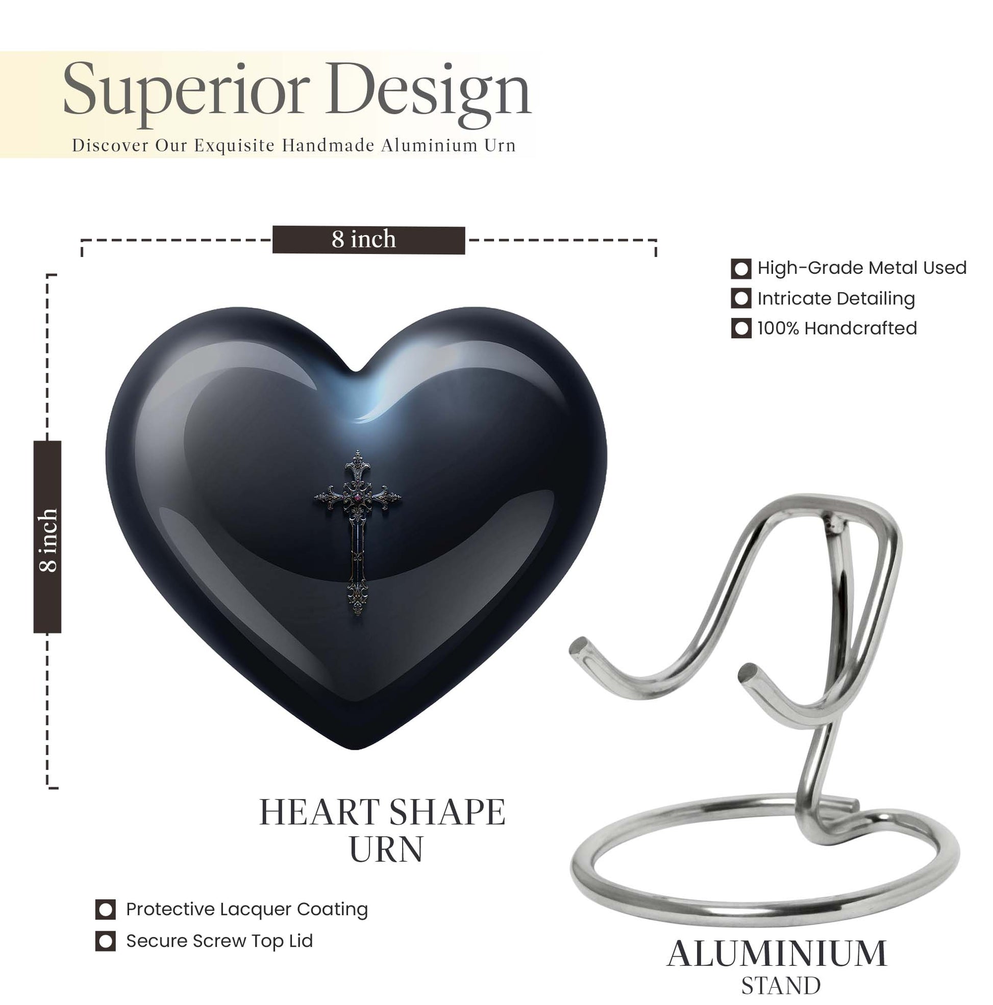 10-inch Aurora Borealis themed heart-shaped cross urn made of aluminium for ashes, comes with velvet pouch.