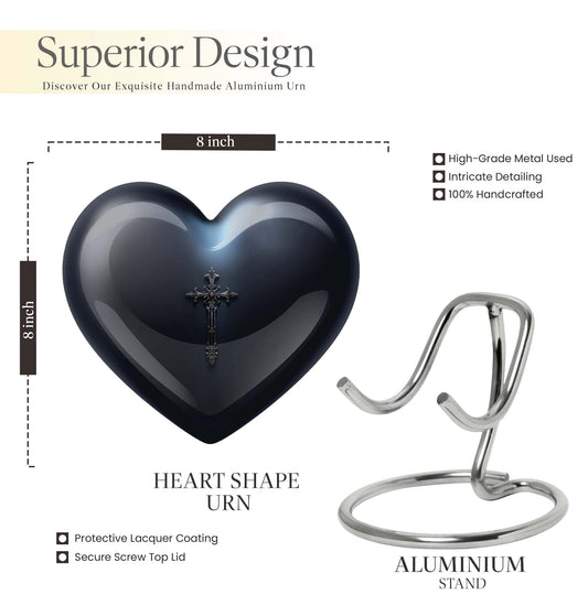 10-inch Aurora Borealis themed heart-shaped cross urn made of aluminium for ashes, comes with velvet pouch.