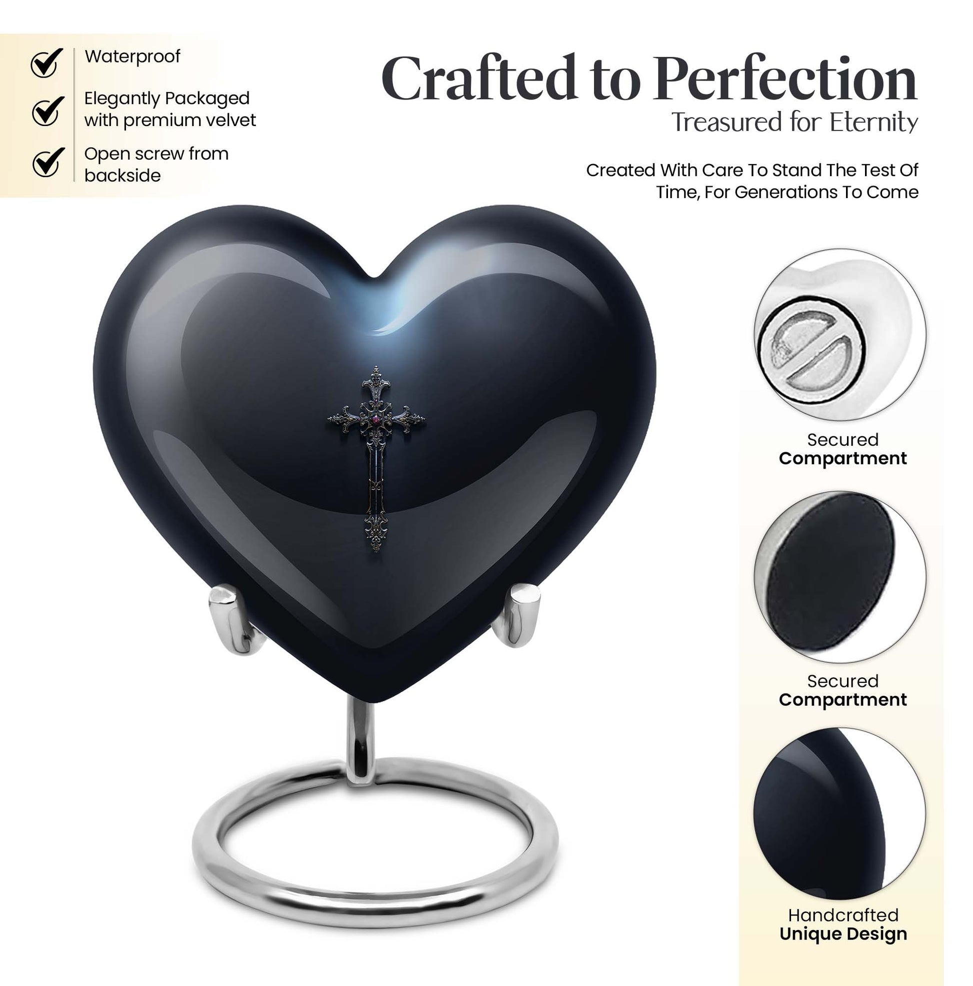 10-inch Aurora Borealis themed heart-shaped cross urn made of aluminium for ashes, comes with velvet pouch.