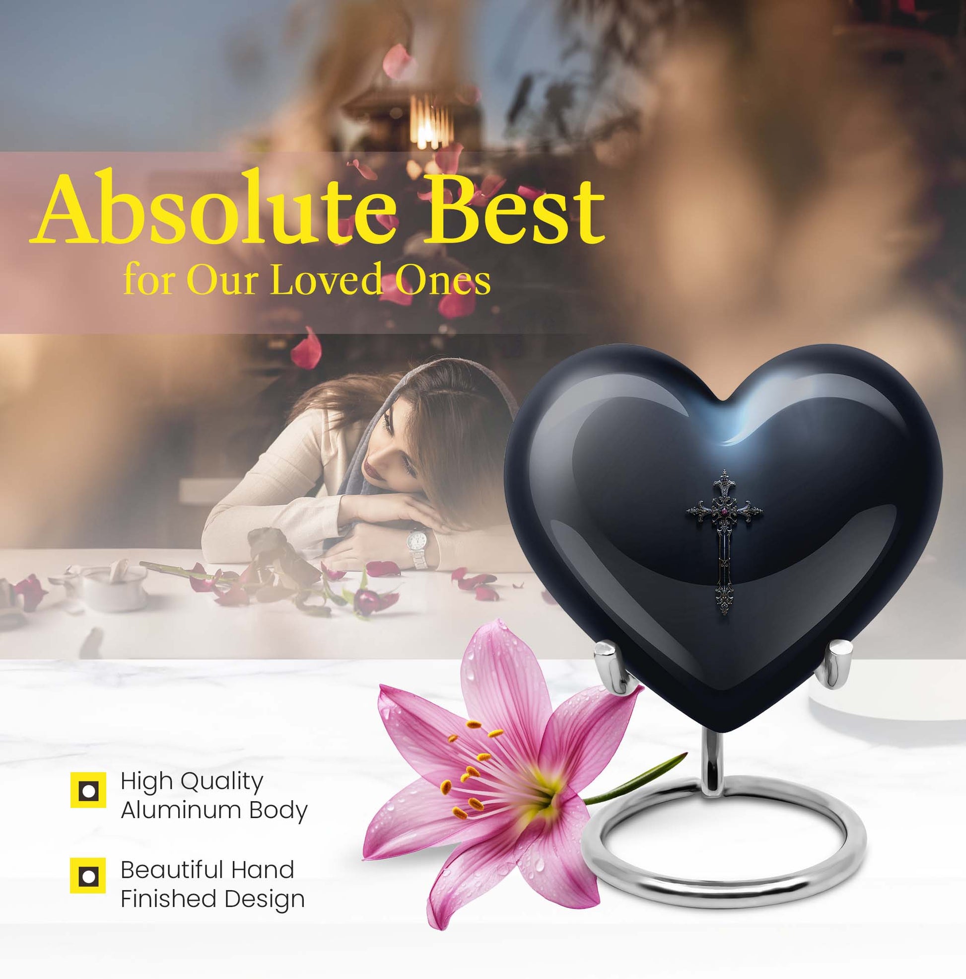 10-inch Aurora Borealis themed heart-shaped cross urn made of aluminium for ashes, comes with velvet pouch.