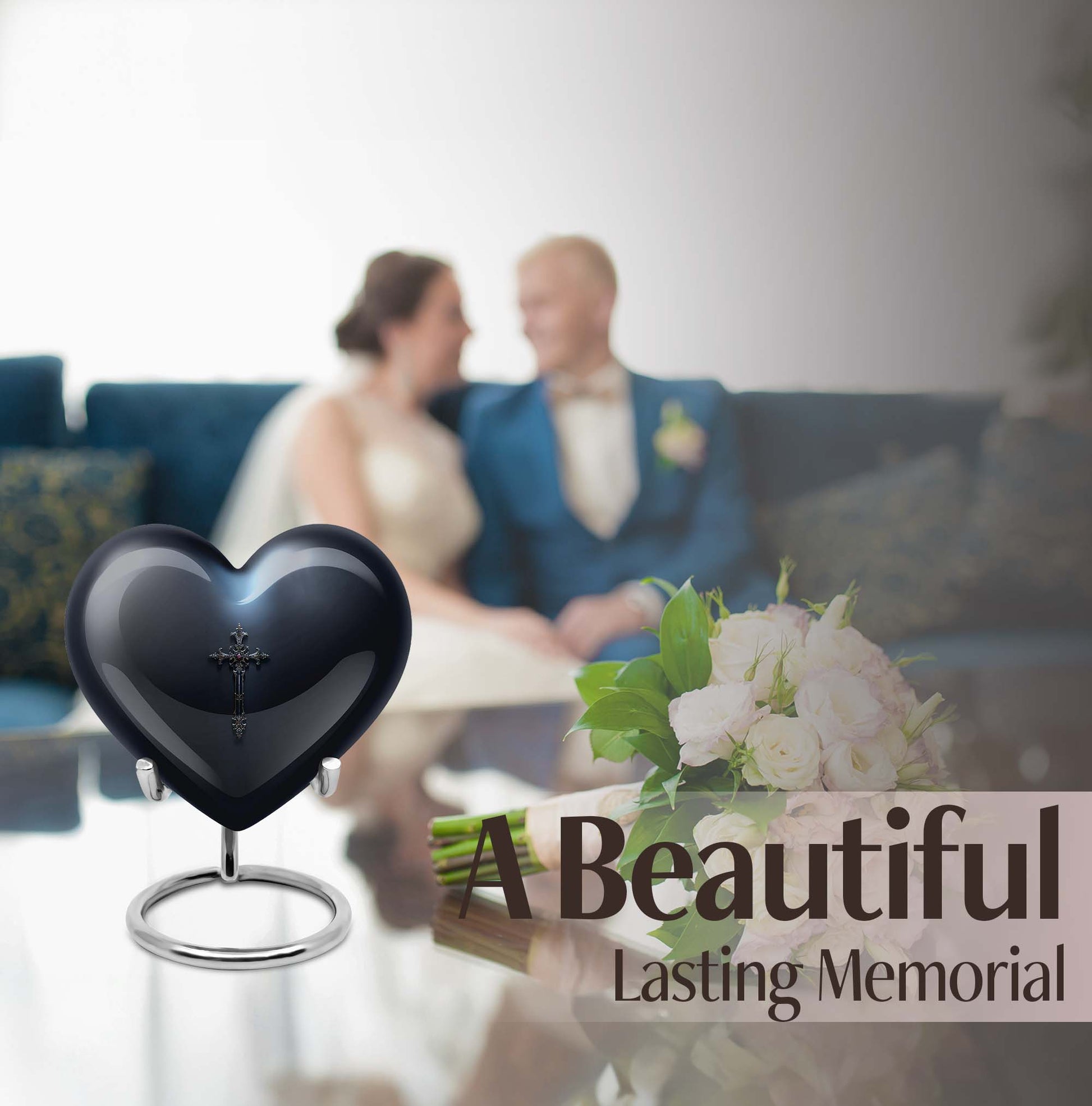 10-inch Aurora Borealis themed heart-shaped cross urn made of aluminium for ashes, comes with velvet pouch.