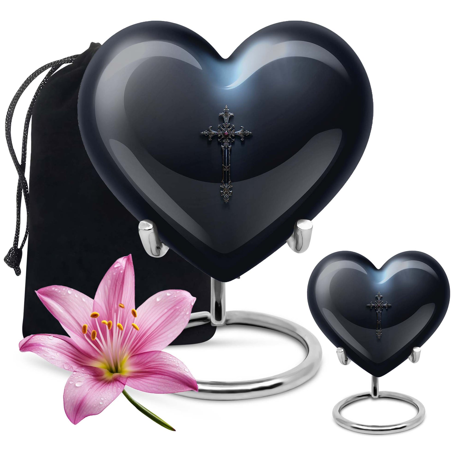 10-inch Aurora Borealis themed heart-shaped cross urn made of aluminium for ashes, comes with velvet pouch.