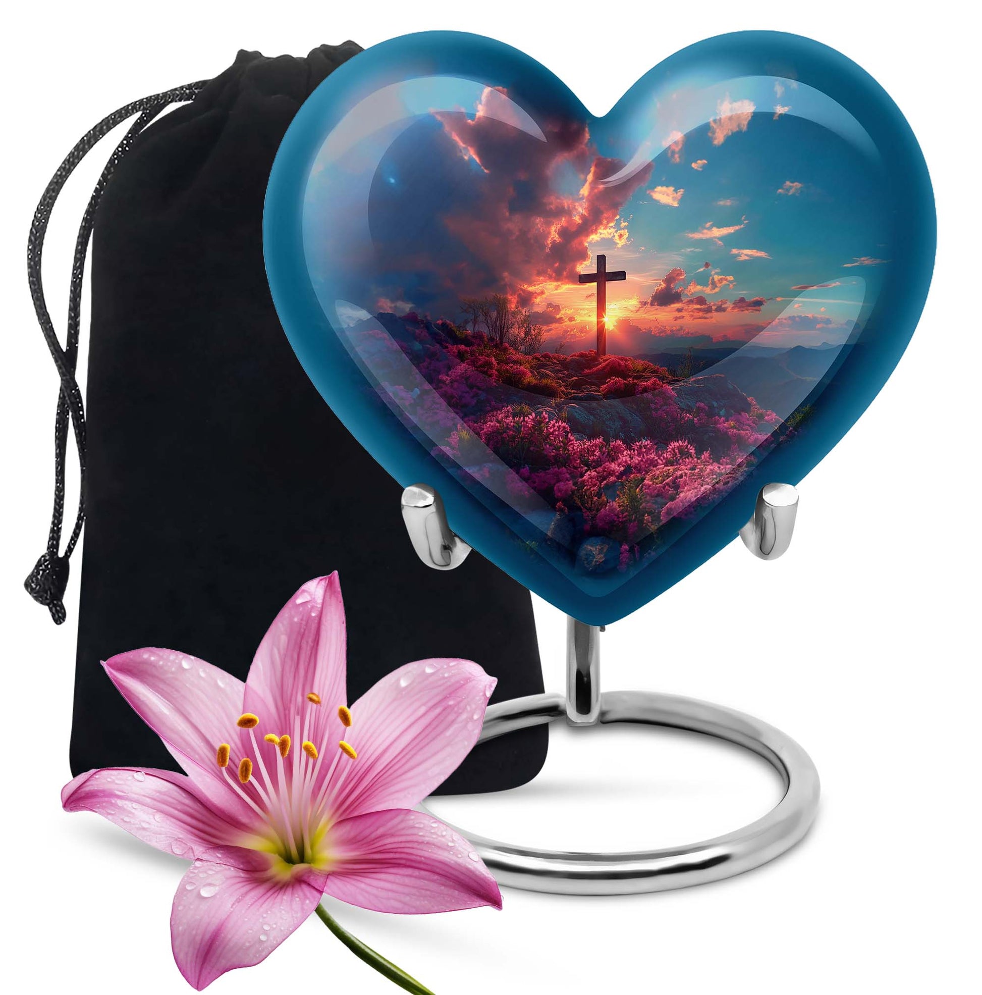 10-inch Heart Designed Aurora Borealis themed Cross Urn for cremation dad ashes