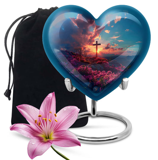 10-inch Heart Designed Aurora Borealis themed Cross Urn for cremation dad ashes