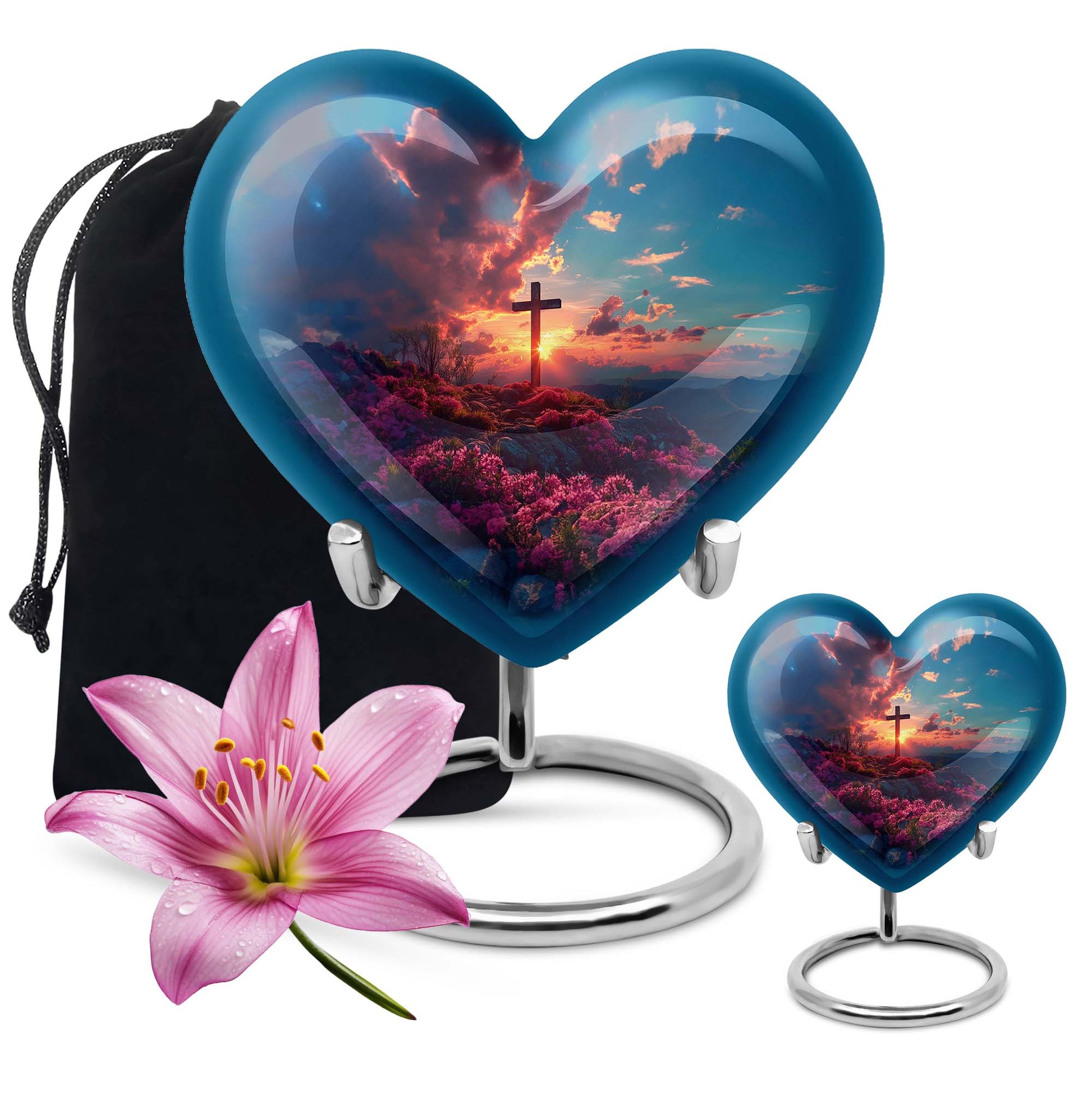 10-inch Heart Designed Aurora Borealis themed Cross Urn for cremation dad ashes