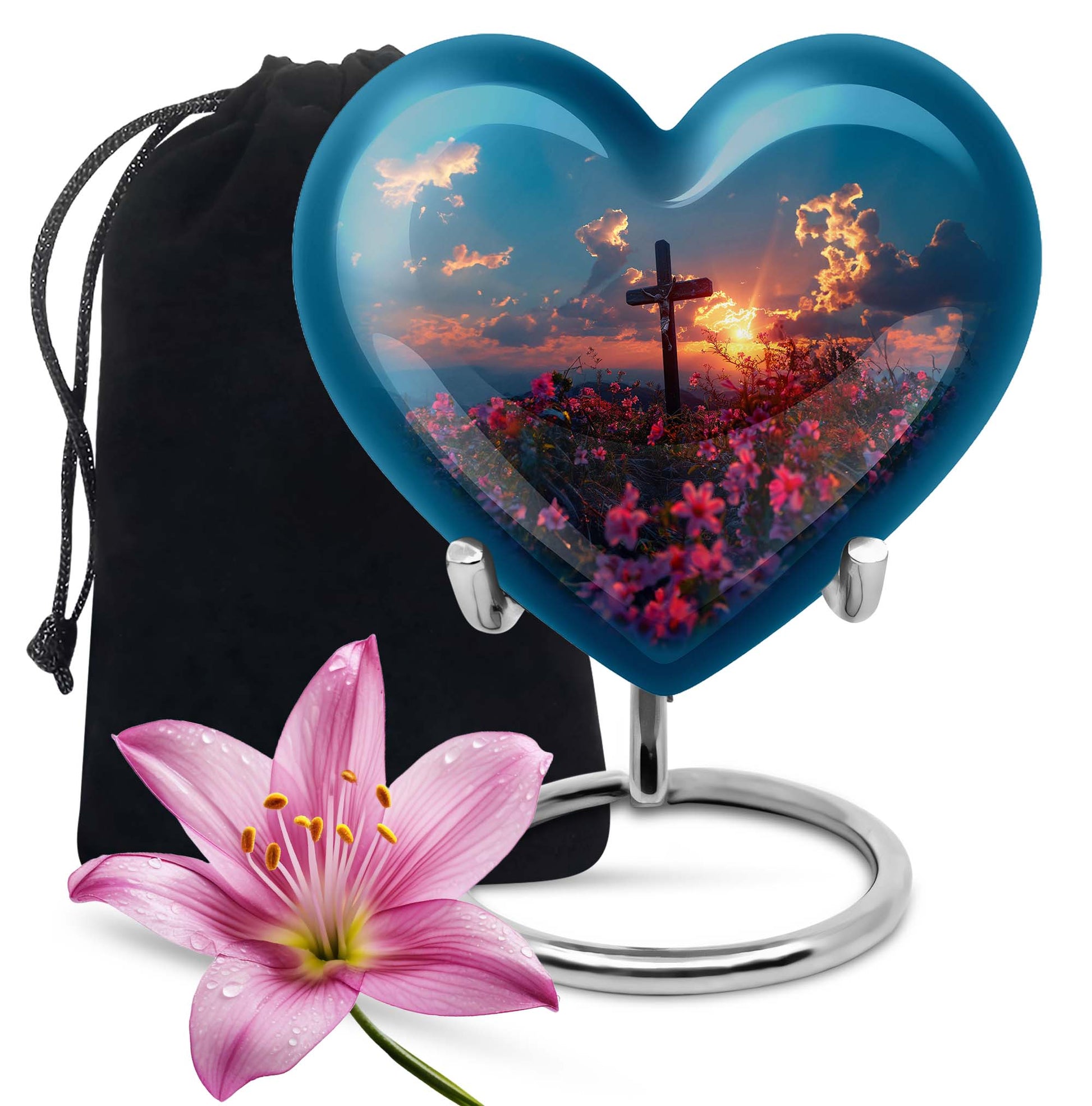 10-inch Heart-shaped Aurora Borealis themed cross urn