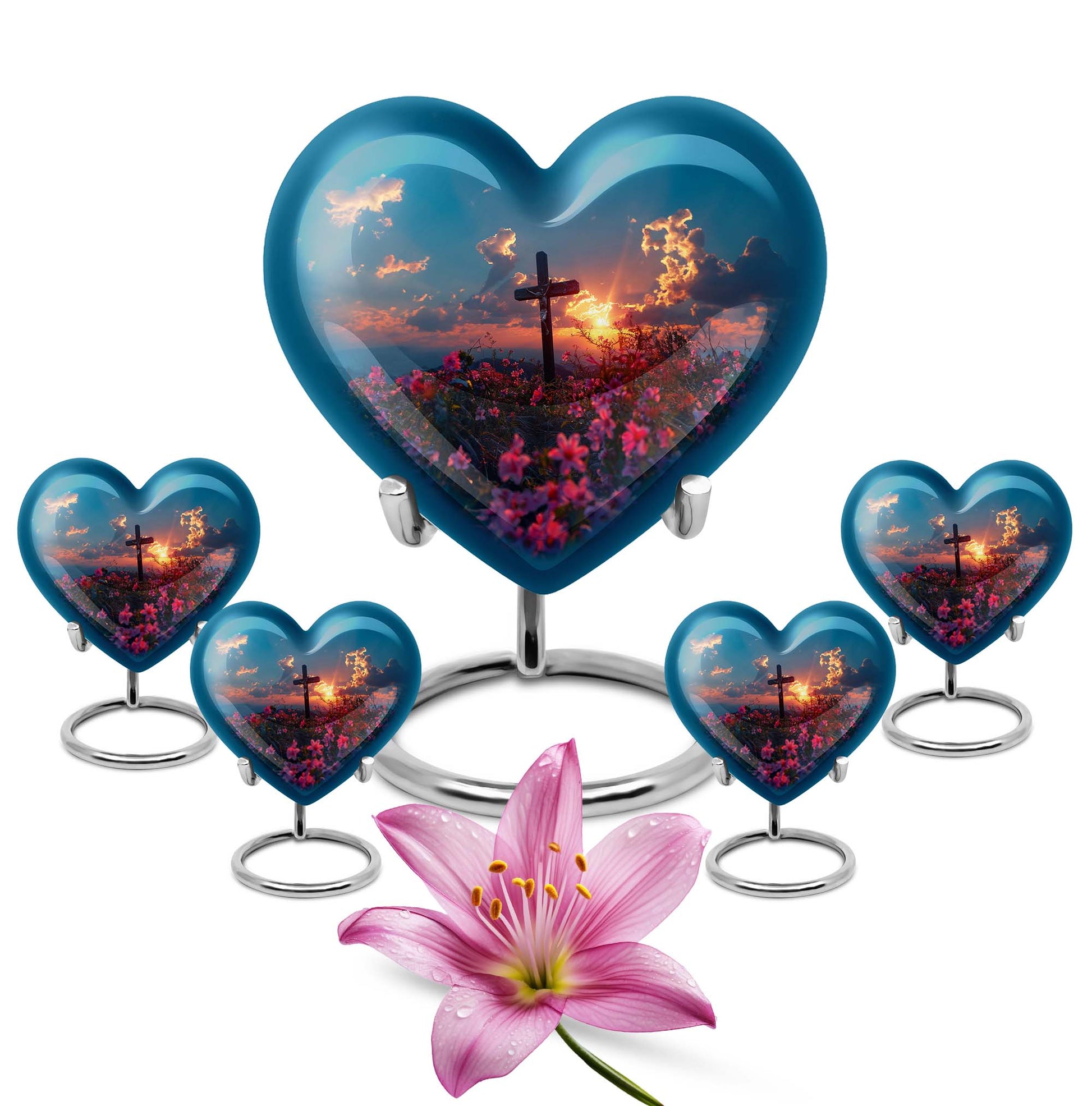 10-inch Heart-shaped Aurora Borealis themed cross urn