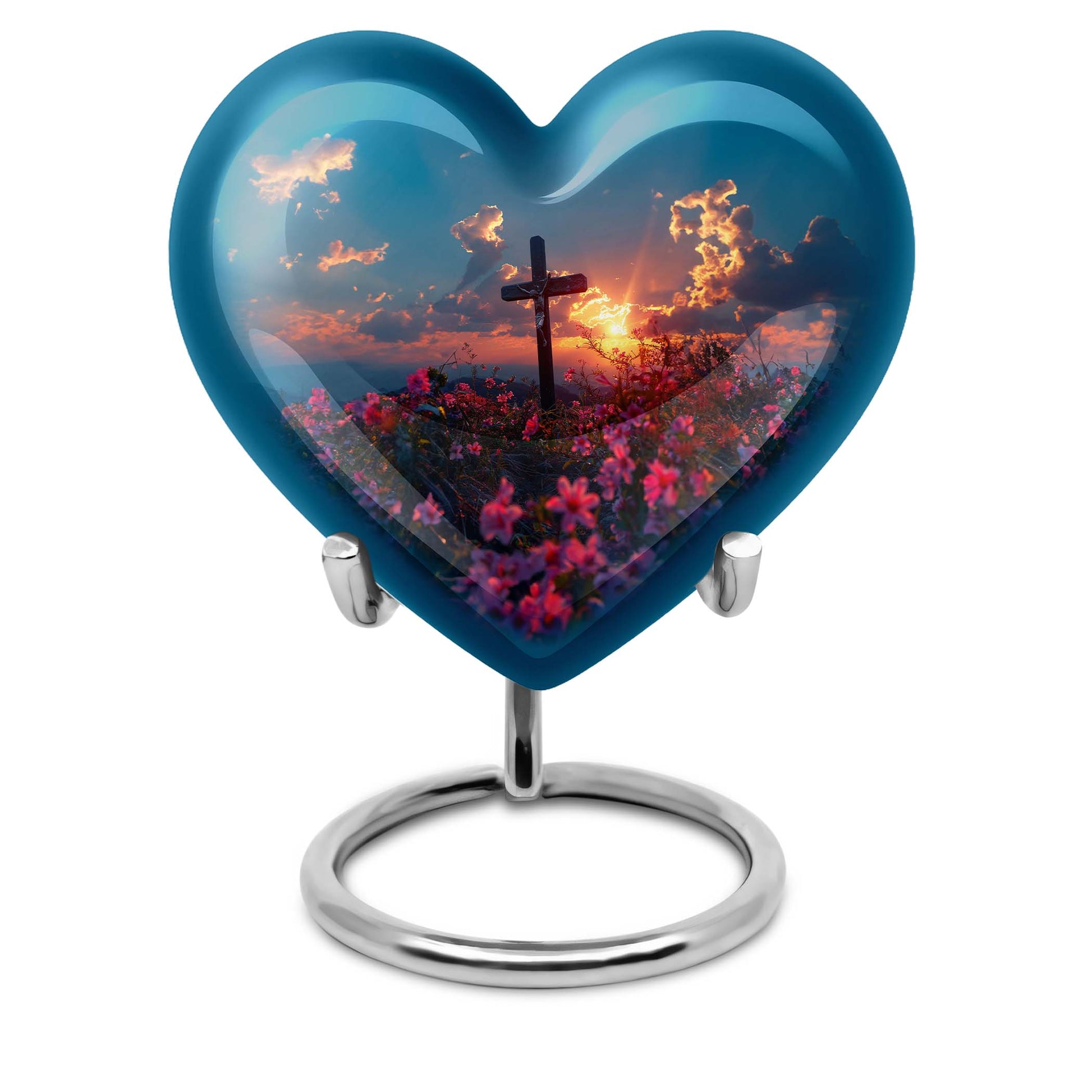 10-inch Heart-shaped Aurora Borealis themed cross urn