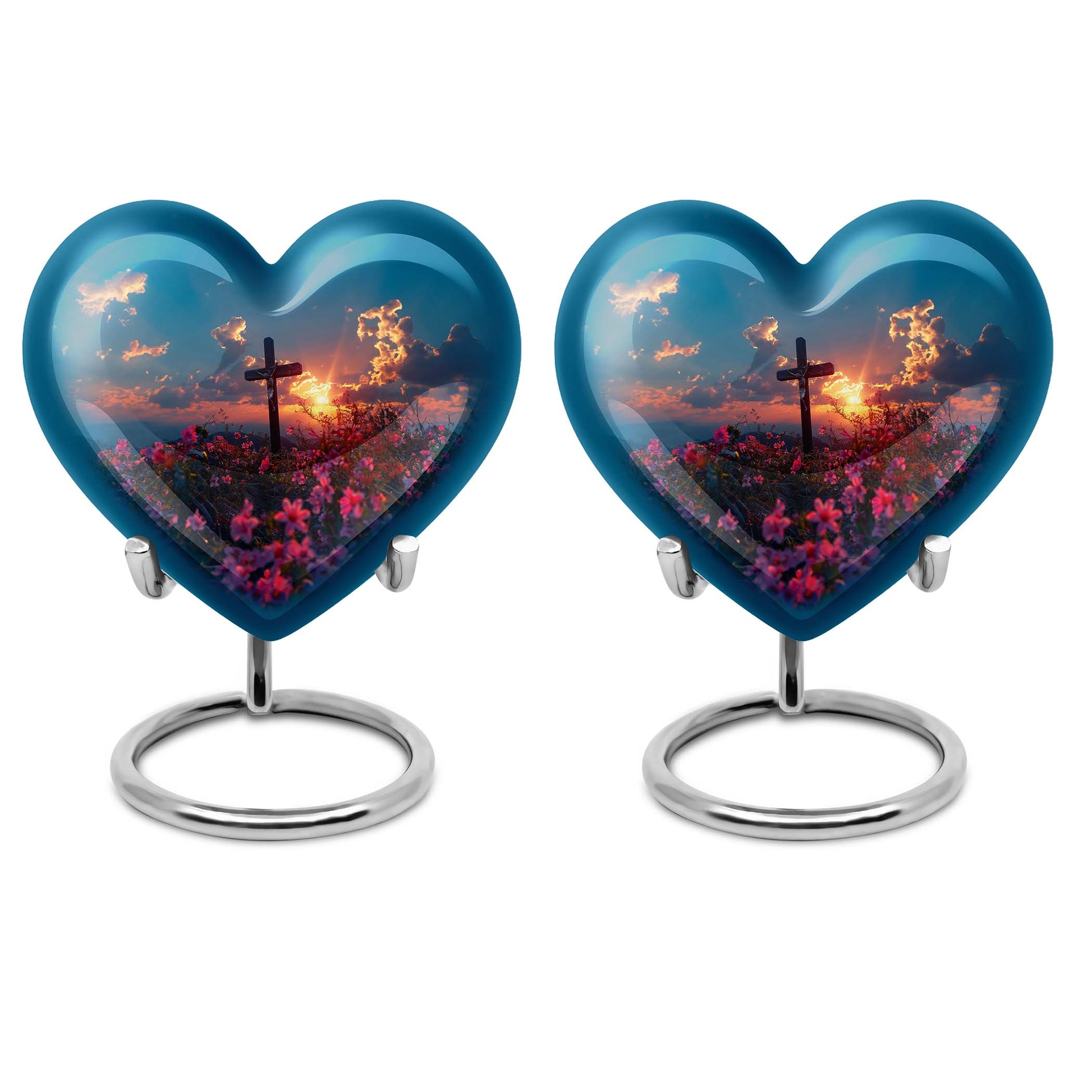 10-inch Heart-shaped Aurora Borealis themed cross urn