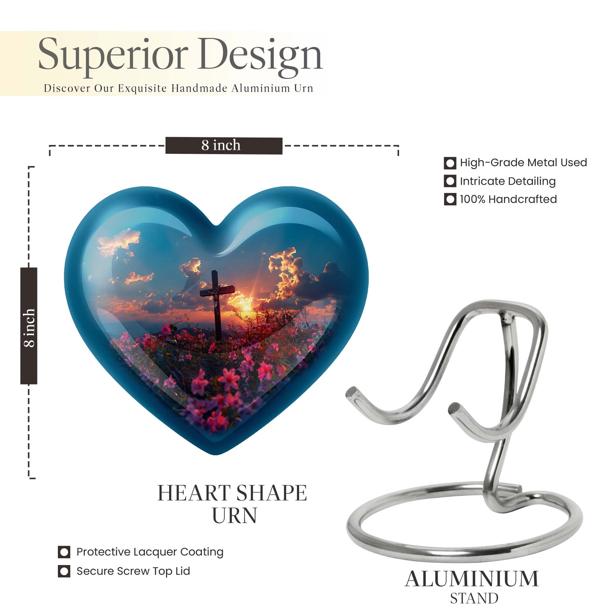 10-inch Heart-shaped Aurora Borealis themed cross urn