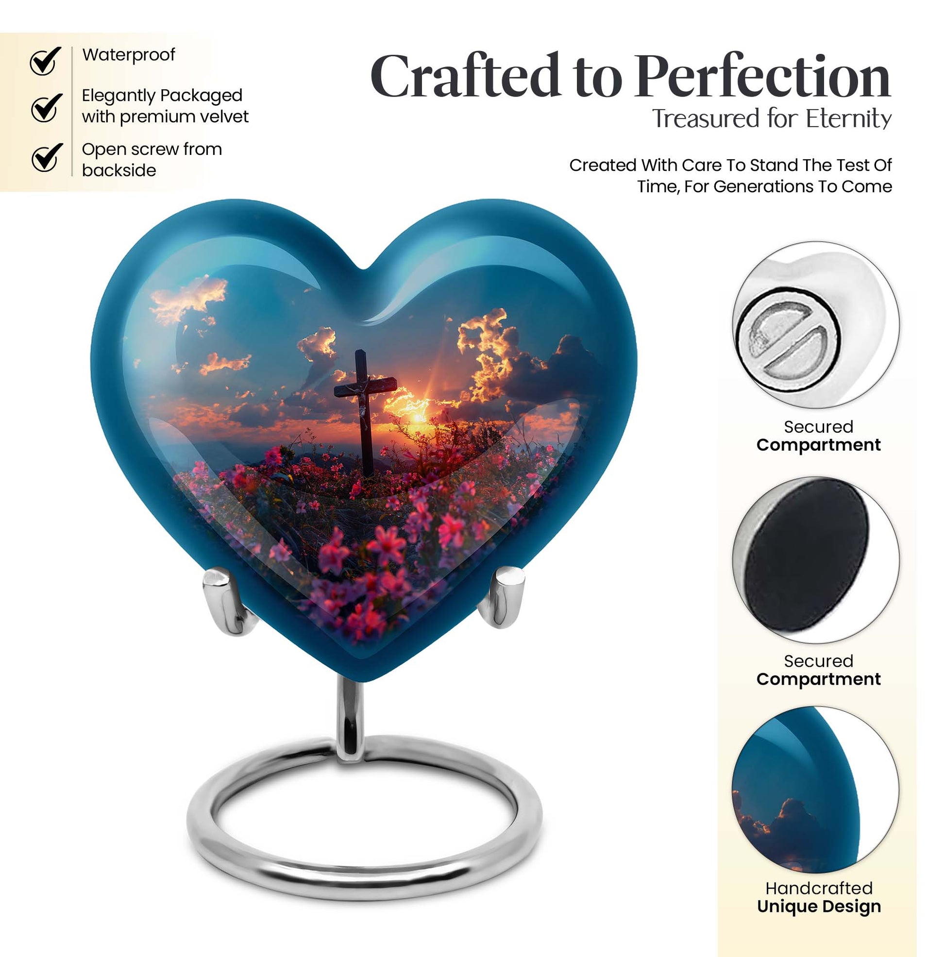 10-inch Heart-shaped Aurora Borealis themed cross urn