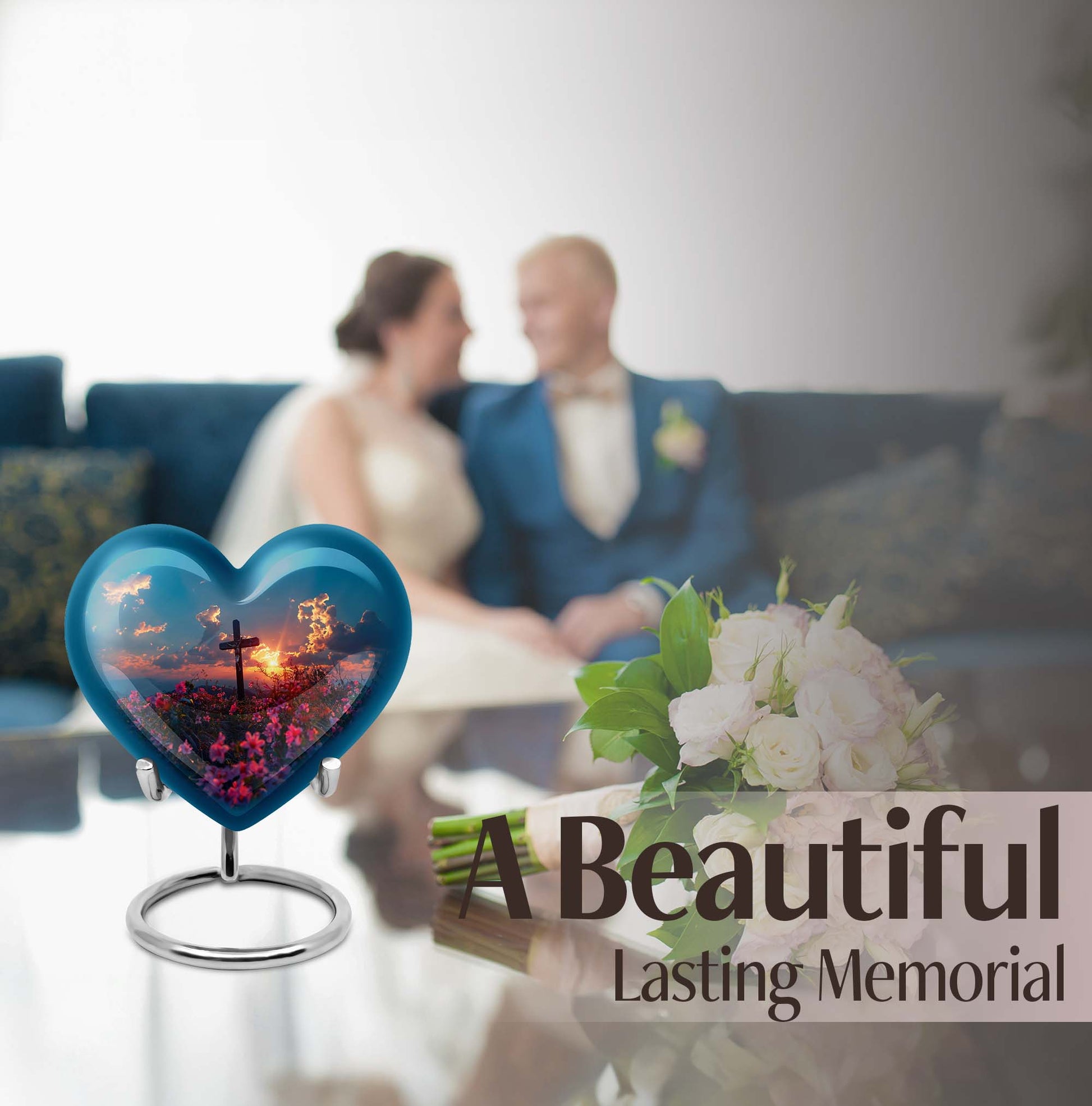 10-inch Heart-shaped Aurora Borealis themed cross urn