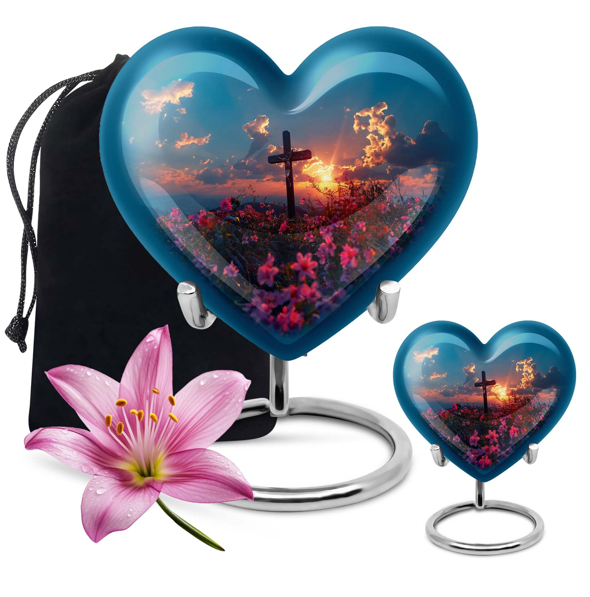 10-inch Heart-shaped Aurora Borealis themed cross urn