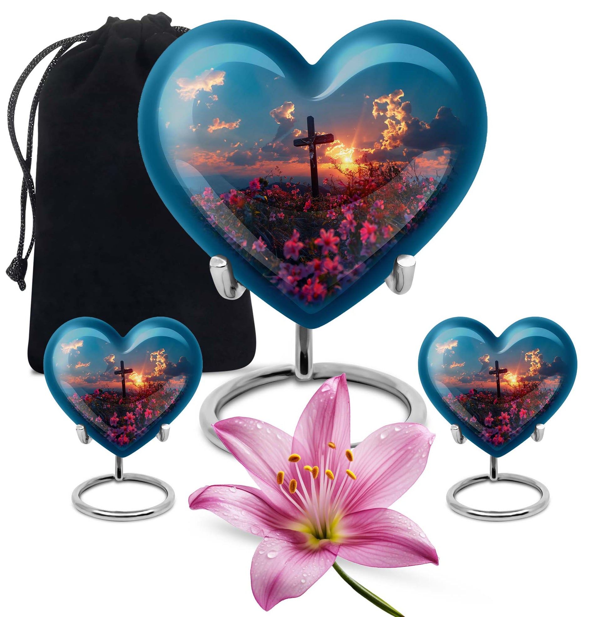 10-inch Heart-shaped Aurora Borealis themed cross urn