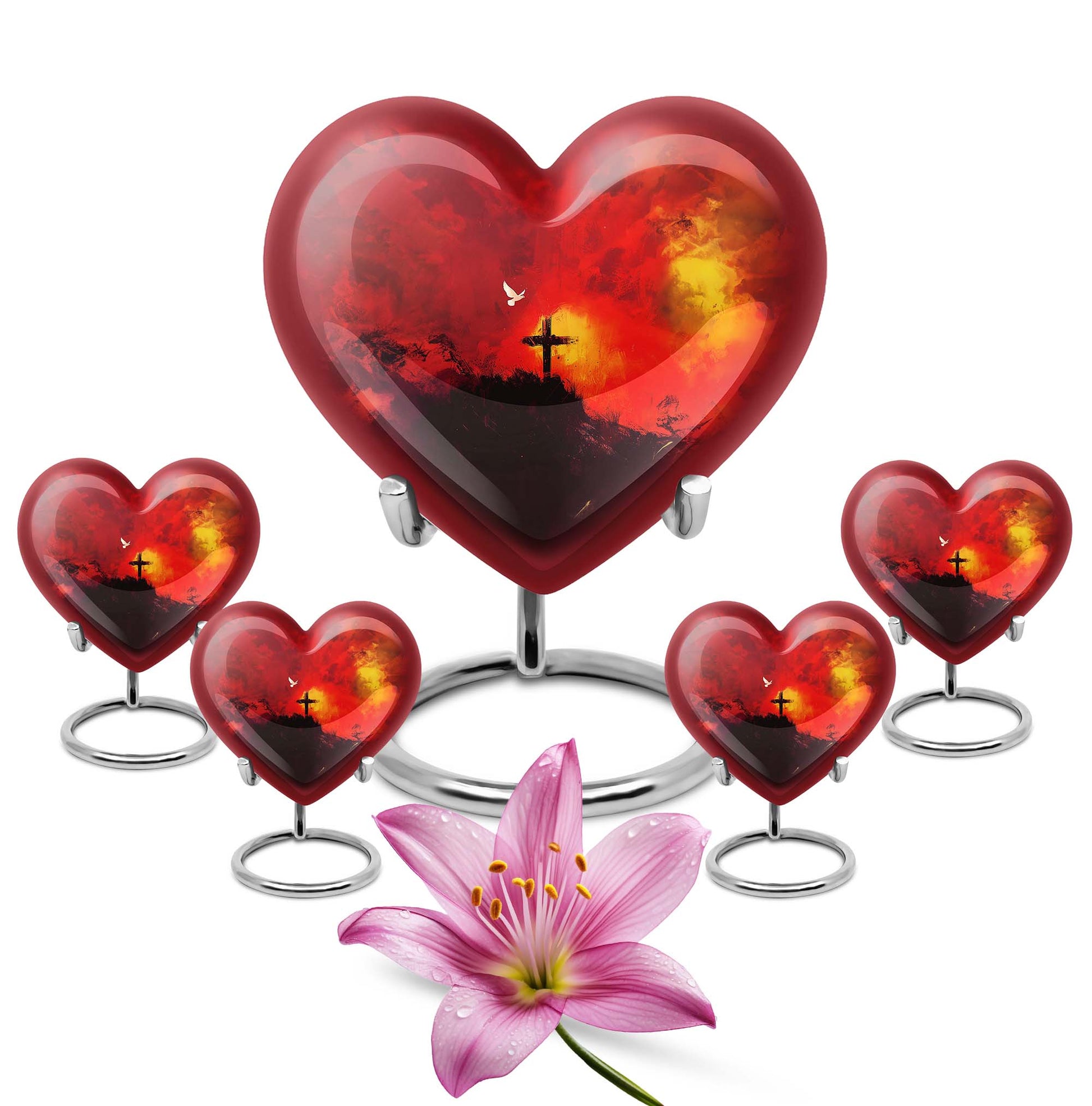 10-inch Heart-shaped Aurora Borealis design cross urn for human ashes with engraving option