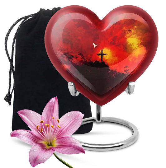 10-inch Heart-shaped Aurora Borealis design cross urn for human ashes with engraving option