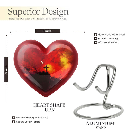 10-inch Heart-shaped Aurora Borealis design cross urn for human ashes with engraving option