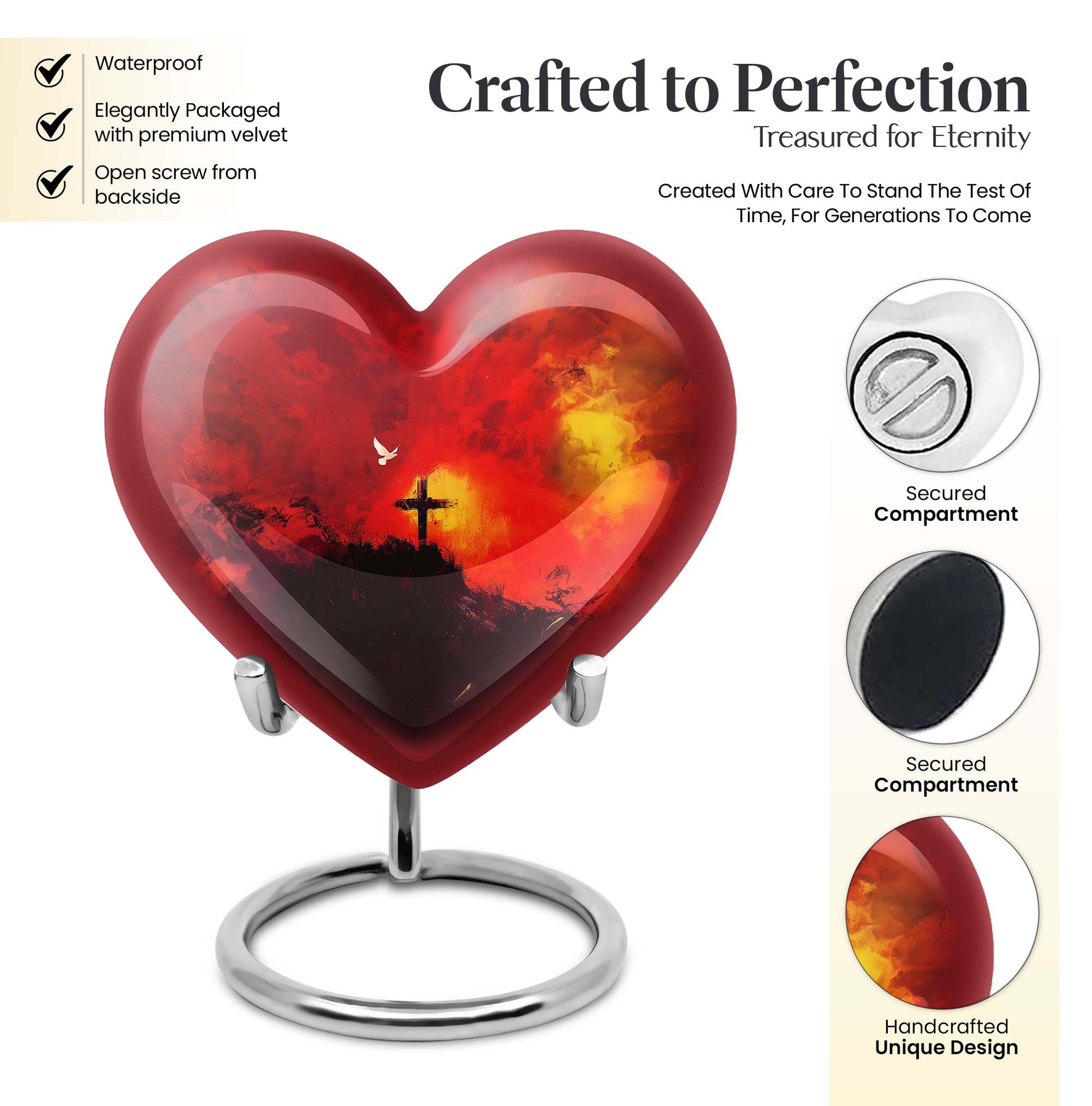 10-inch Heart-shaped Aurora Borealis design cross urn for human ashes with engraving option