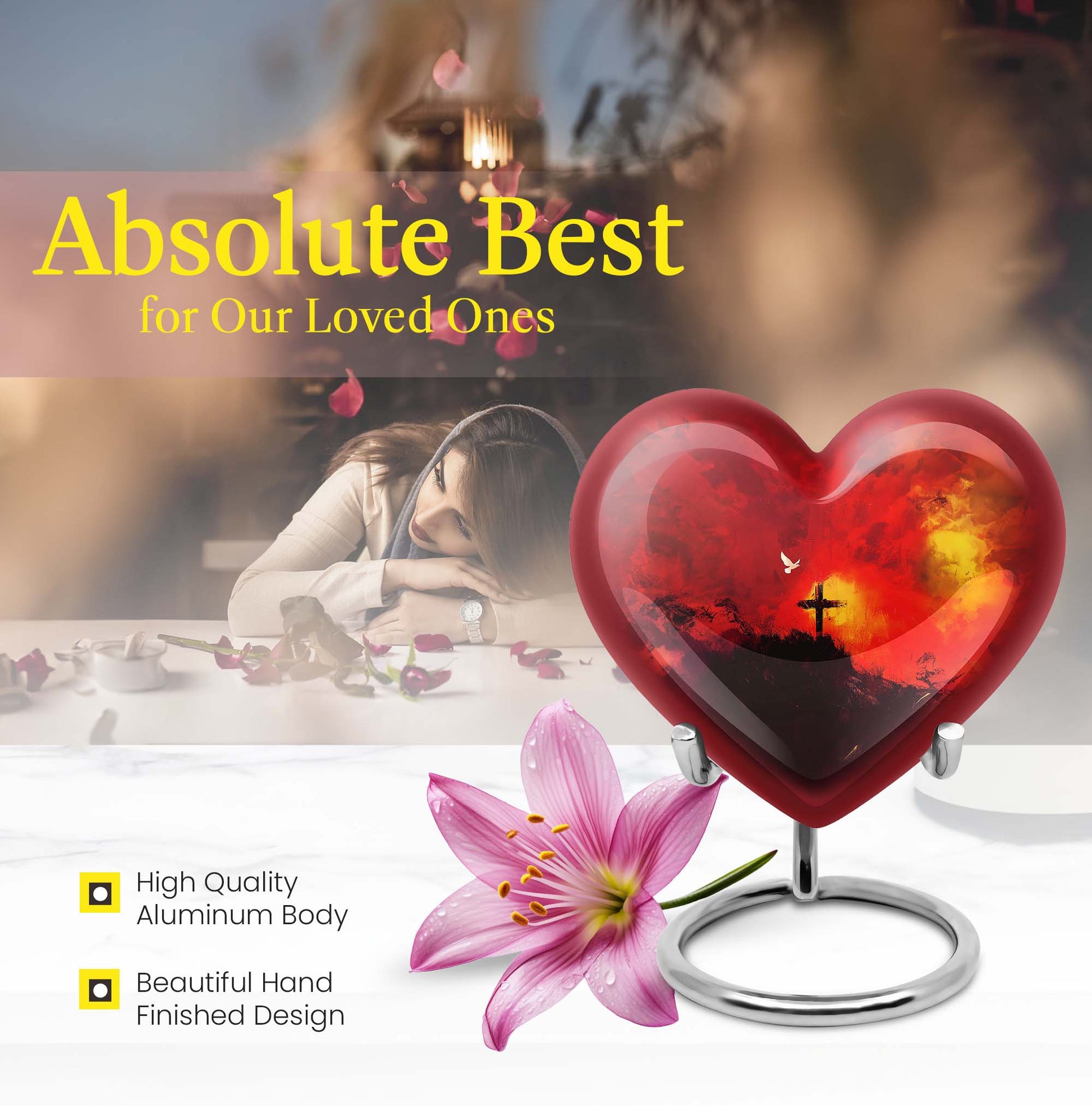 10-inch Heart-shaped Aurora Borealis design cross urn for human ashes with engraving option