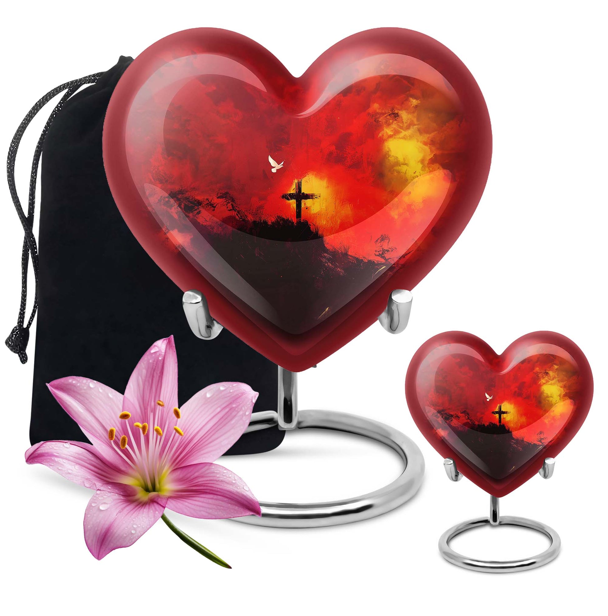 10-inch Heart-shaped Aurora Borealis design cross urn for human ashes with engraving option