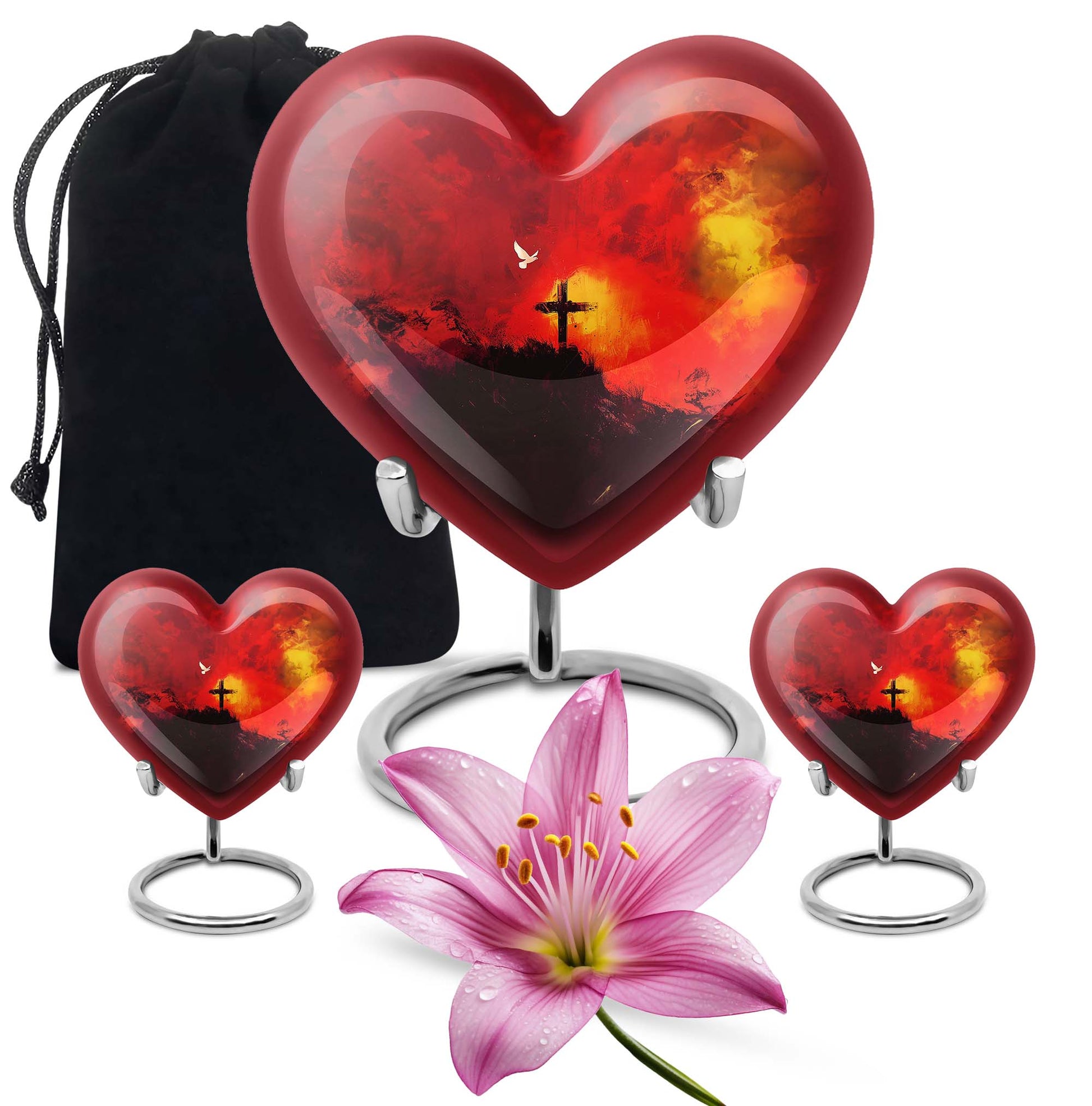 10-inch Heart-shaped Aurora Borealis design cross urn for human ashes with engraving option