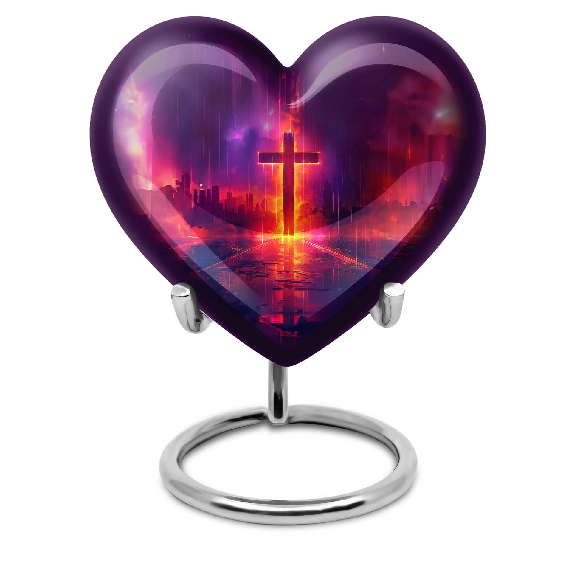 Heart-shaped cremation urn with Aurora Borealis theme for adult male ashes