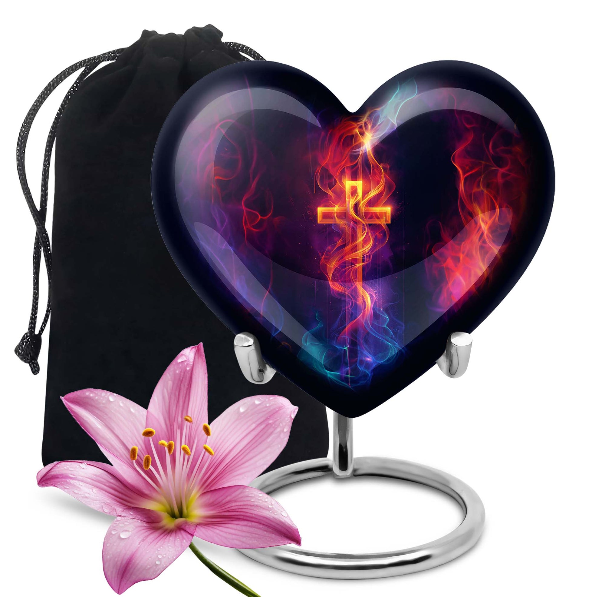 10-inch heart-shaped cross urn with Aurora Borealis 