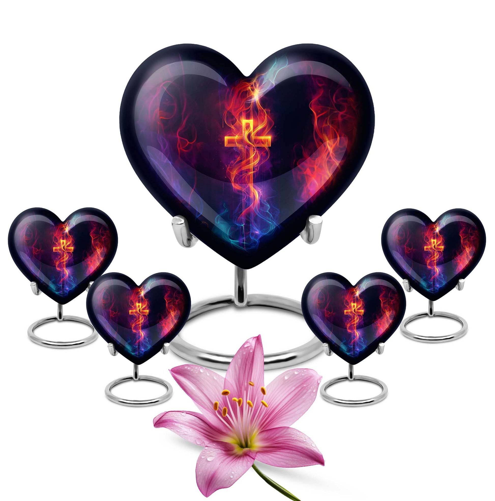 10-inch heart-shaped cross urn with Aurora Borealis 