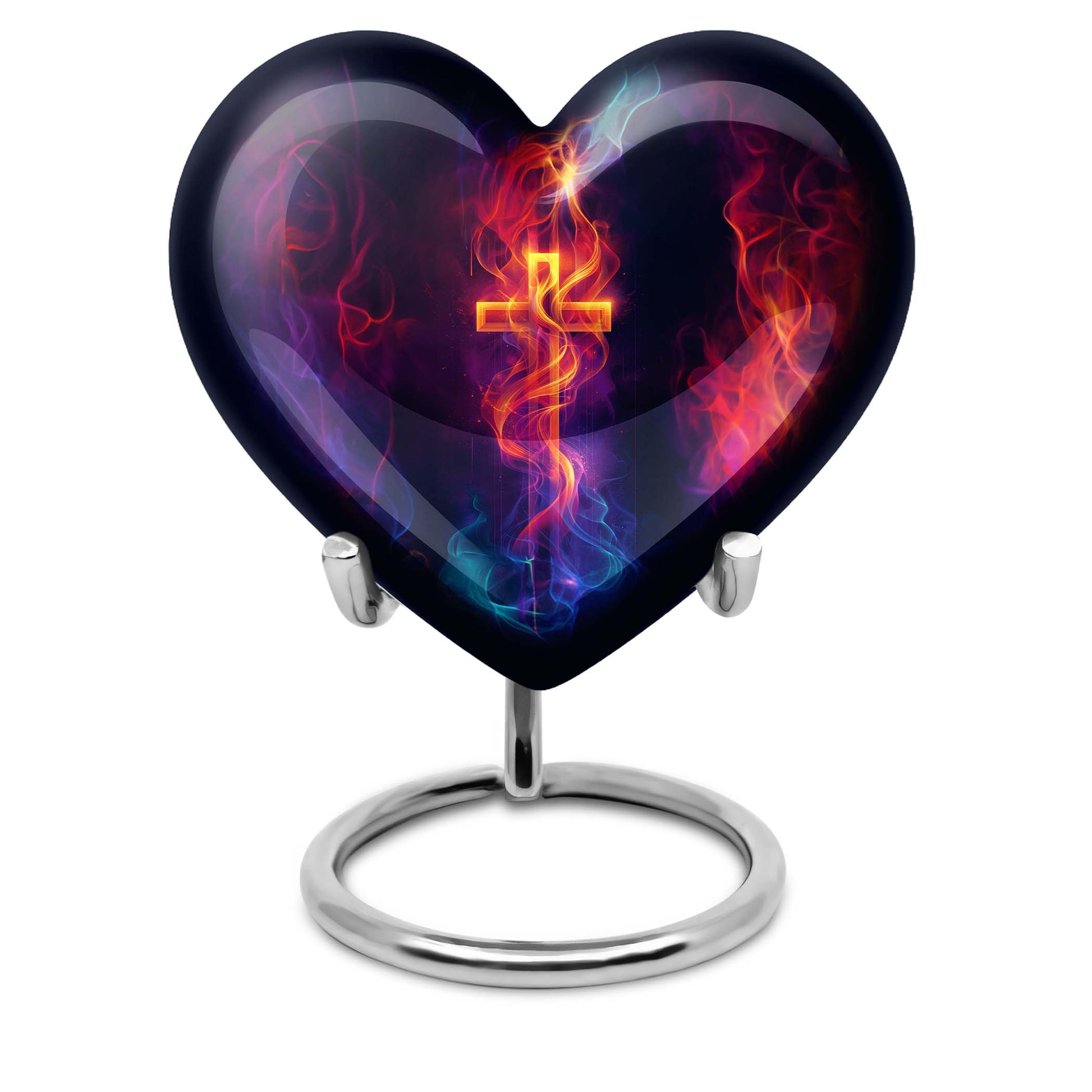 10-inch heart-shaped cross urn with Aurora Borealis 