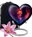 10-inch heart-shaped cross urn with Aurora Borealis 