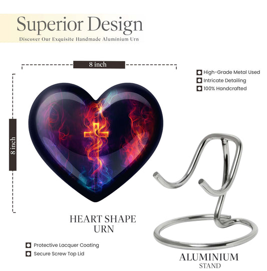 10-inch heart-shaped cross urn with Aurora Borealis 