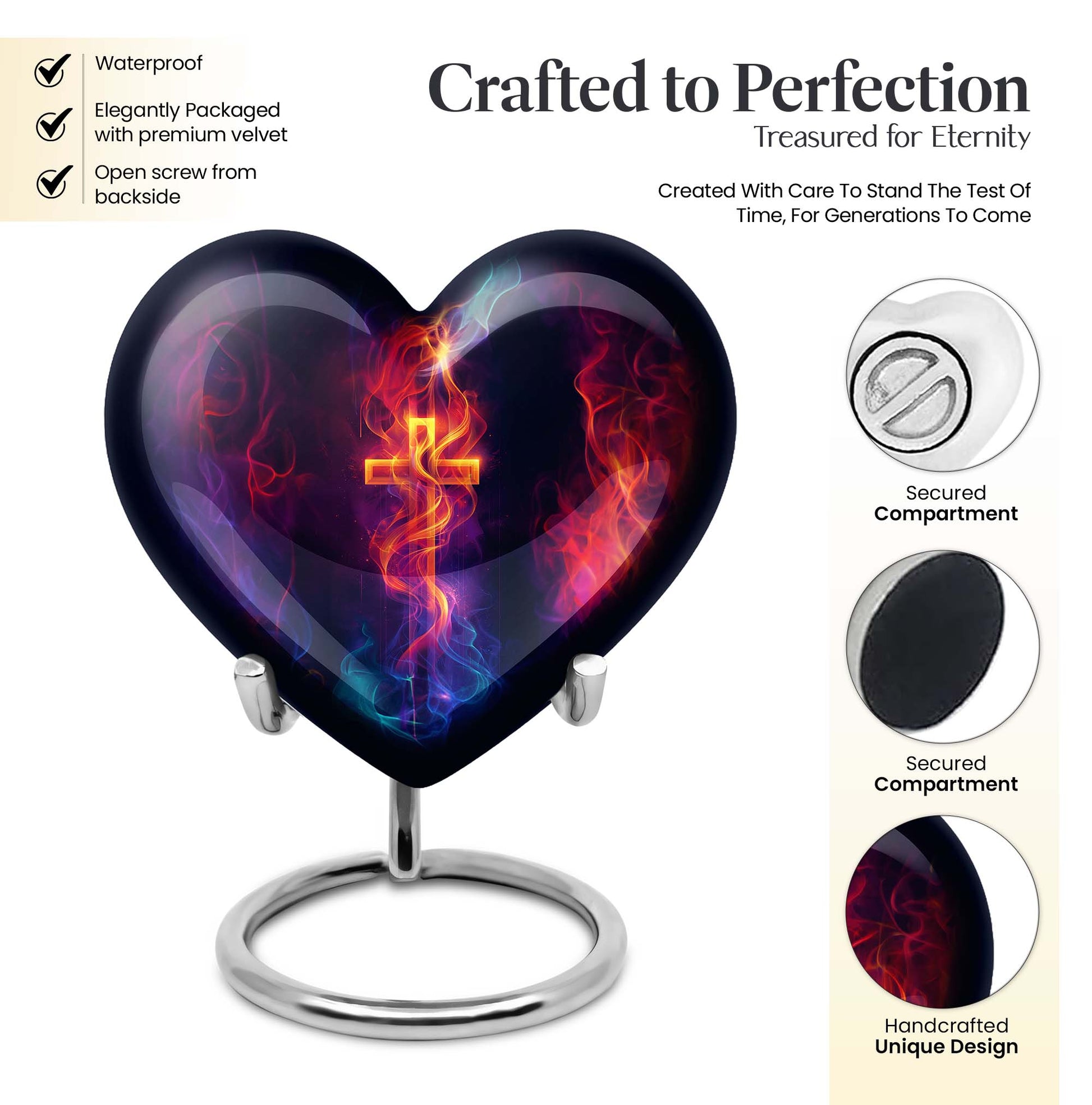 10-inch heart-shaped cross urn with Aurora Borealis 