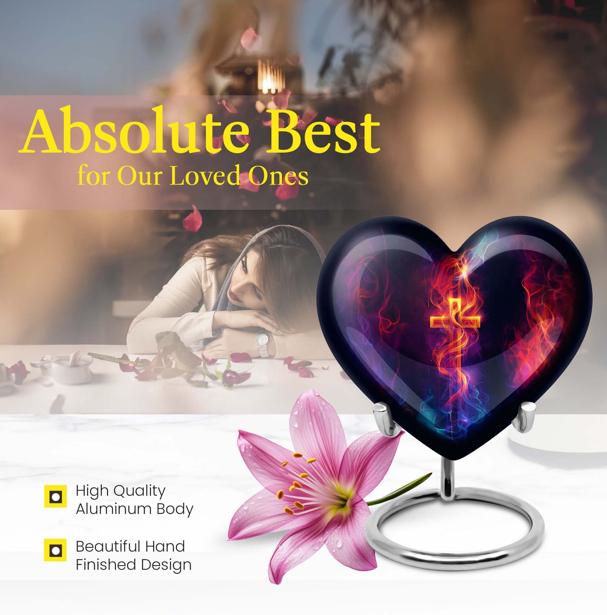 10-inch heart-shaped cross urn with Aurora Borealis 