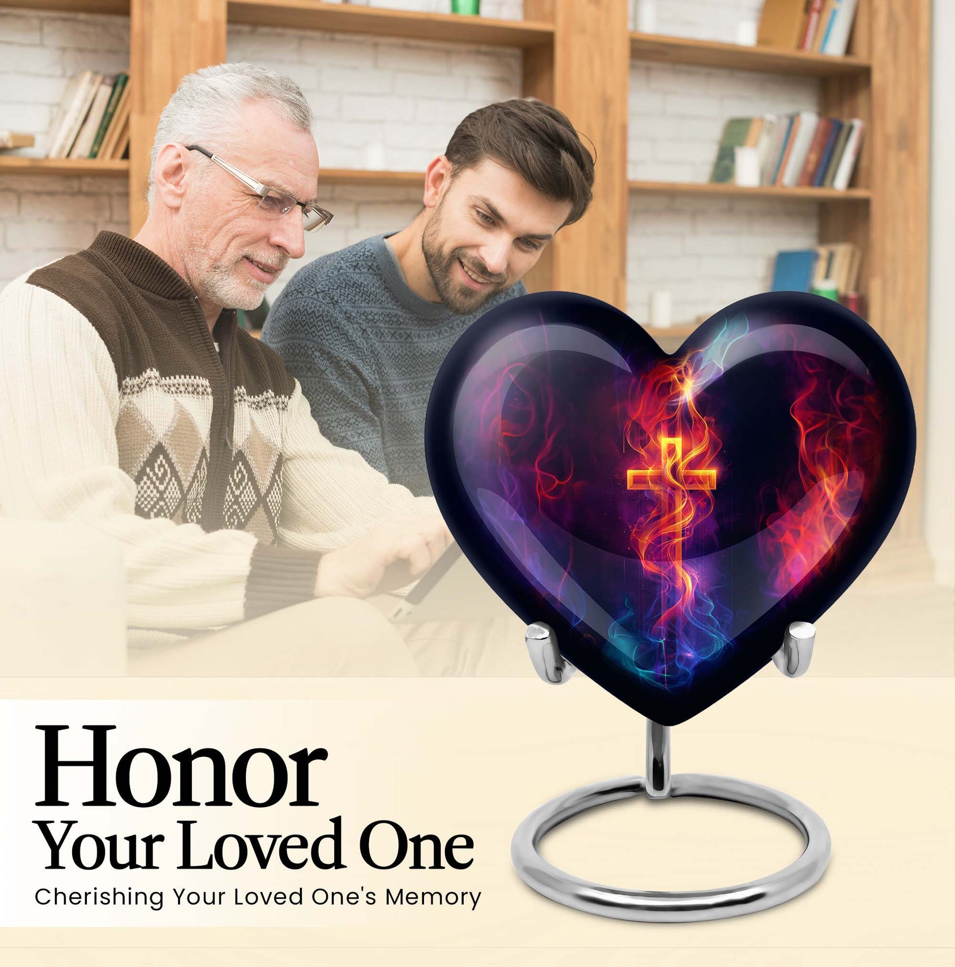 10-inch heart-shaped cross urn with Aurora Borealis 