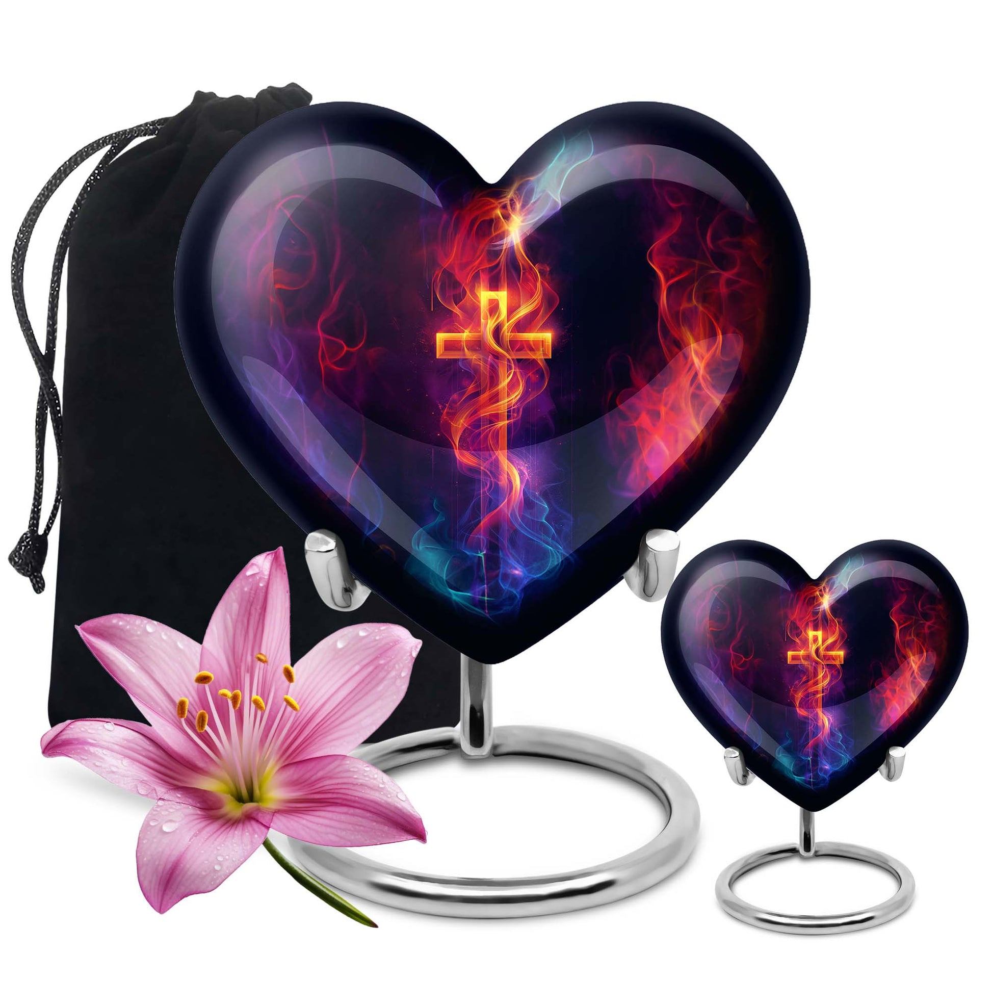 10-inch heart-shaped cross urn with Aurora Borealis 