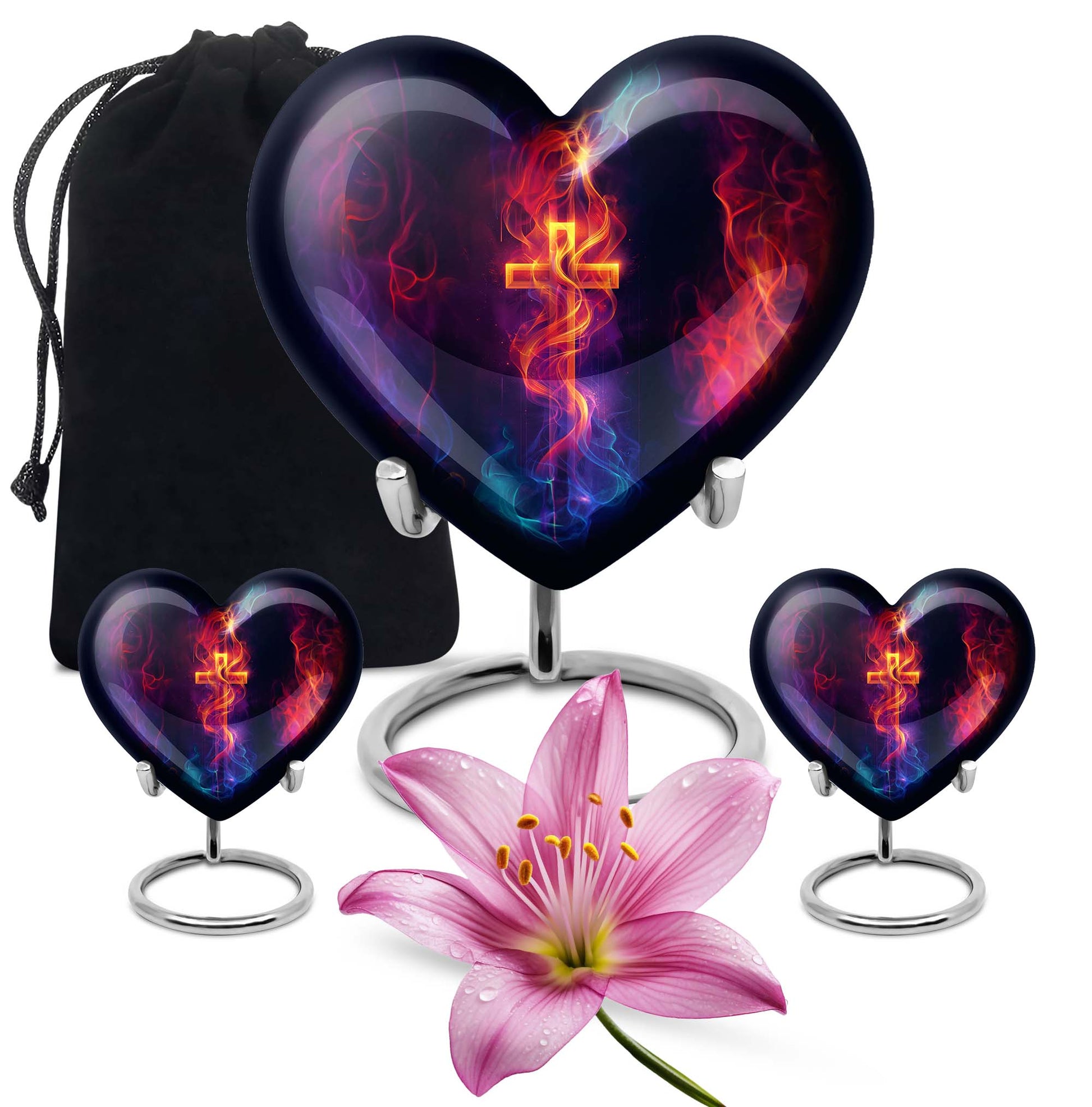 10-inch heart-shaped cross urn with Aurora Borealis 